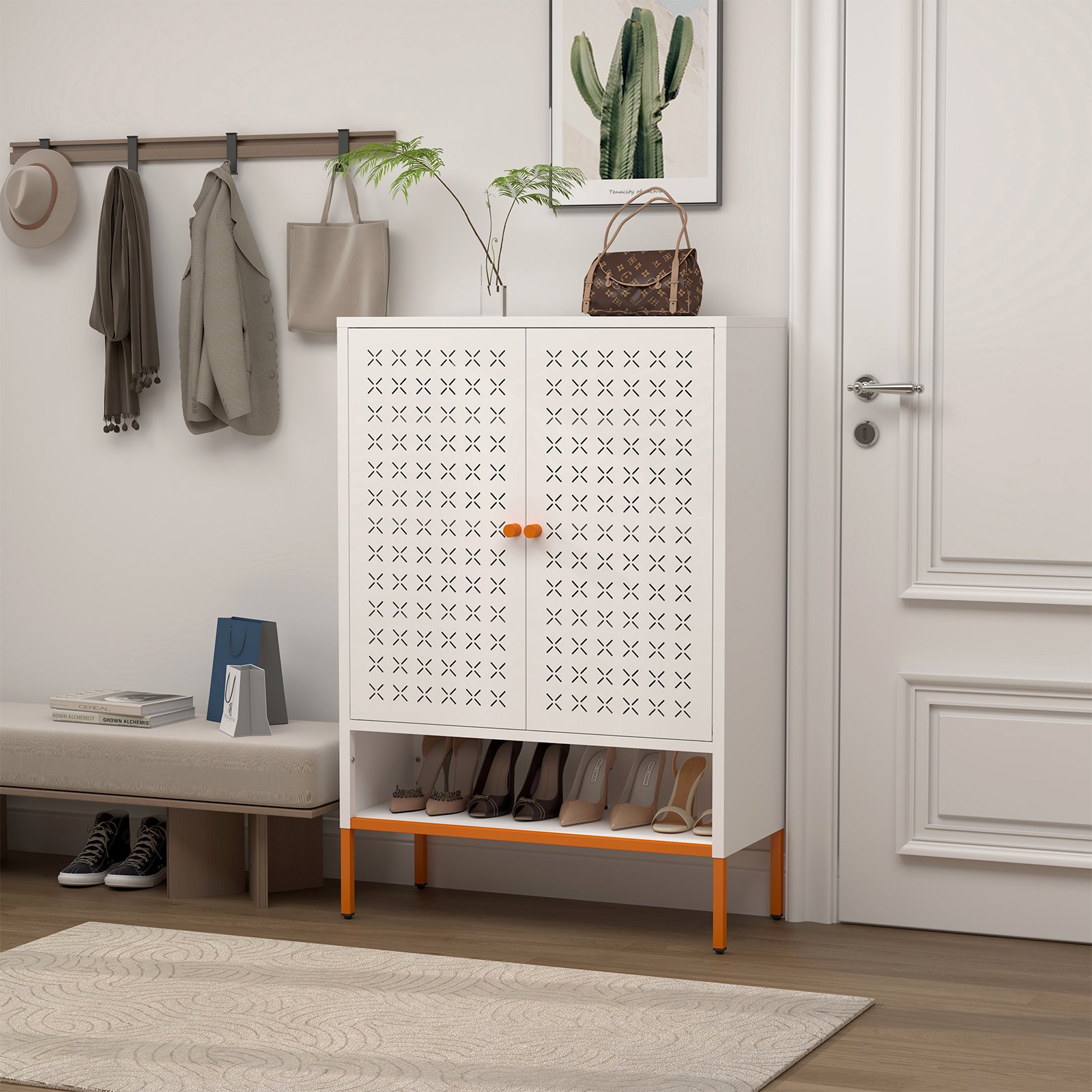 Grid - Double Door Shoe Cabinet With Adjustable Compartments And Moisture Proof Design In Metal - White - Image 2