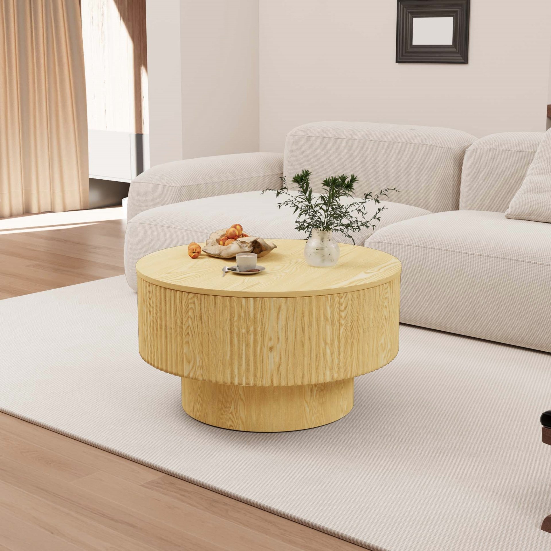Circular Coffee Table With Stripe Design And Storage Space - Natural Wood - Image 2