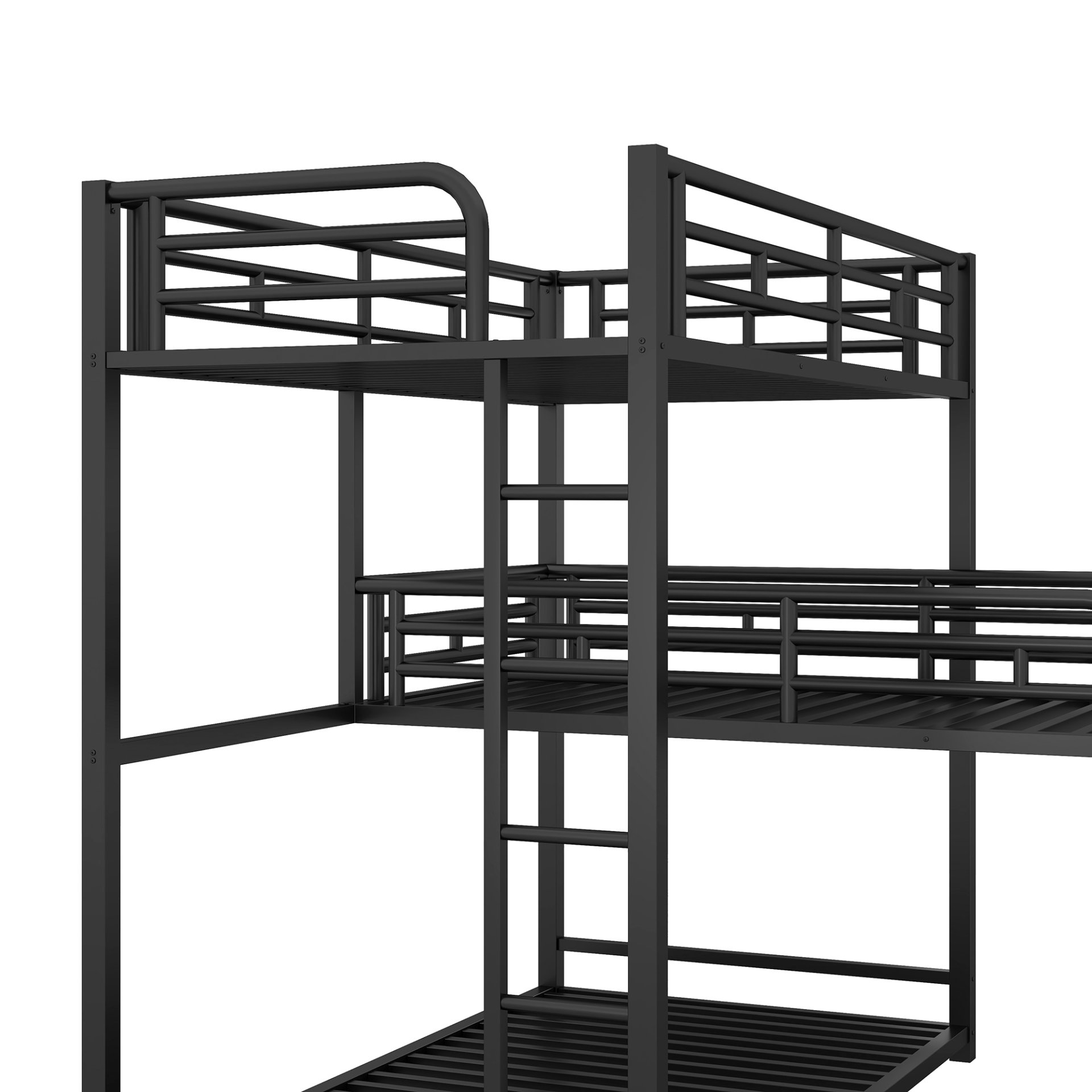 L-Shaped Triple Twin Size Bunk Bed, Industrial Design With Integrated Ladder And Full Length Guardrails - Black - Image 11