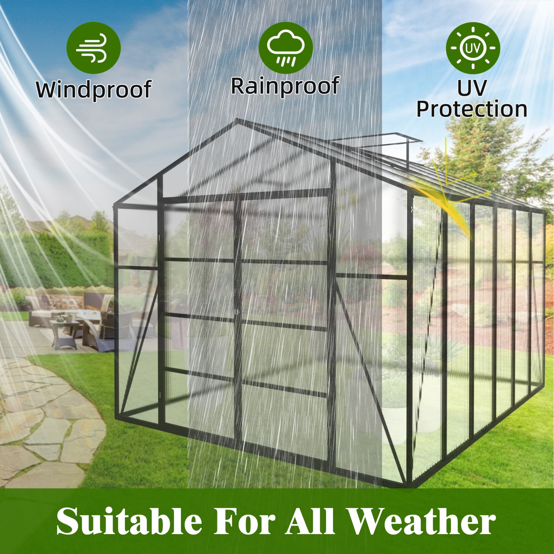 Gain Height Windproof Greenhouse 10 X 12 Ft, All Season Outdoor Garden Shelter - Black - Image 5