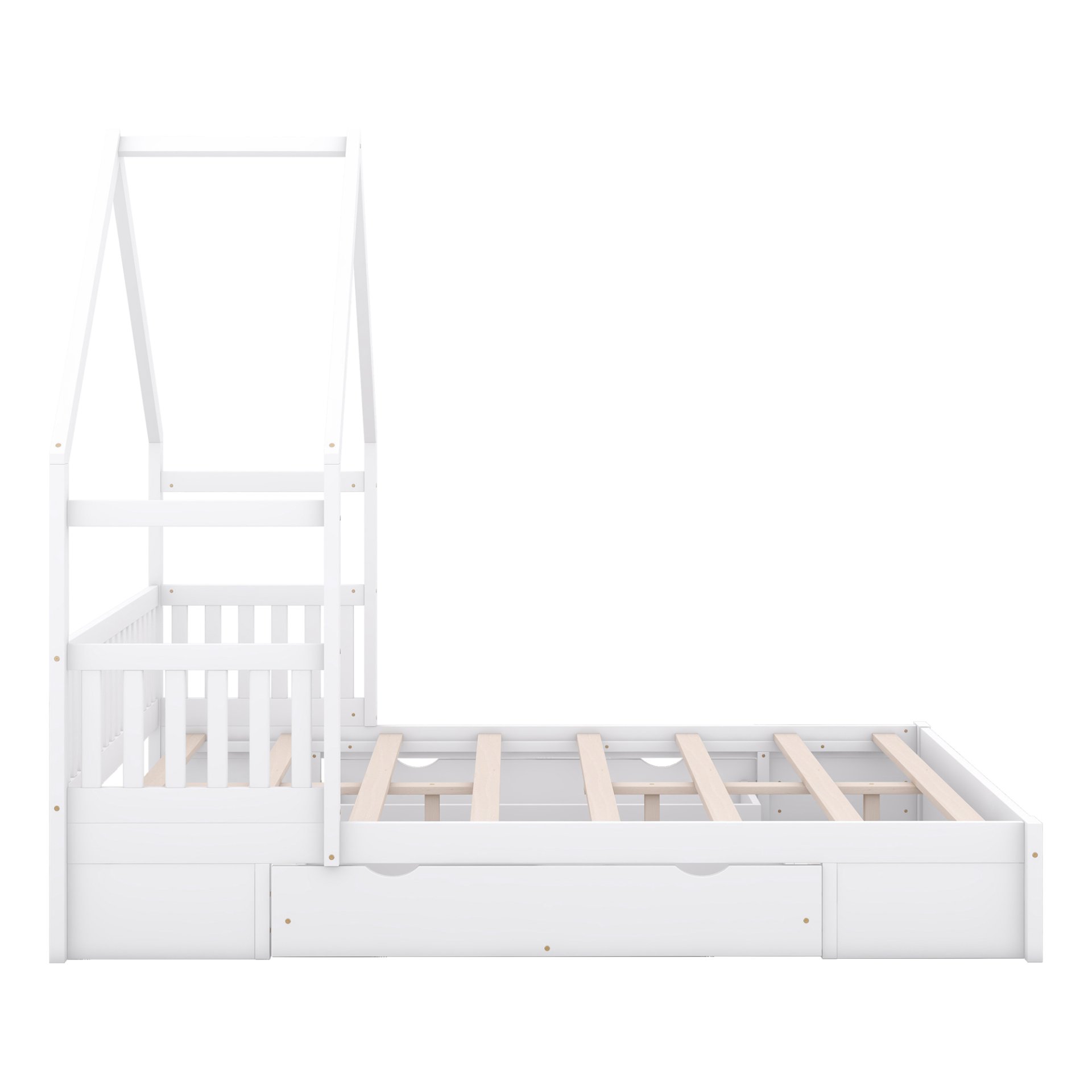 House Style Queen Size Platform Bed With Guardrail And 2 Drawers - White - Image 8