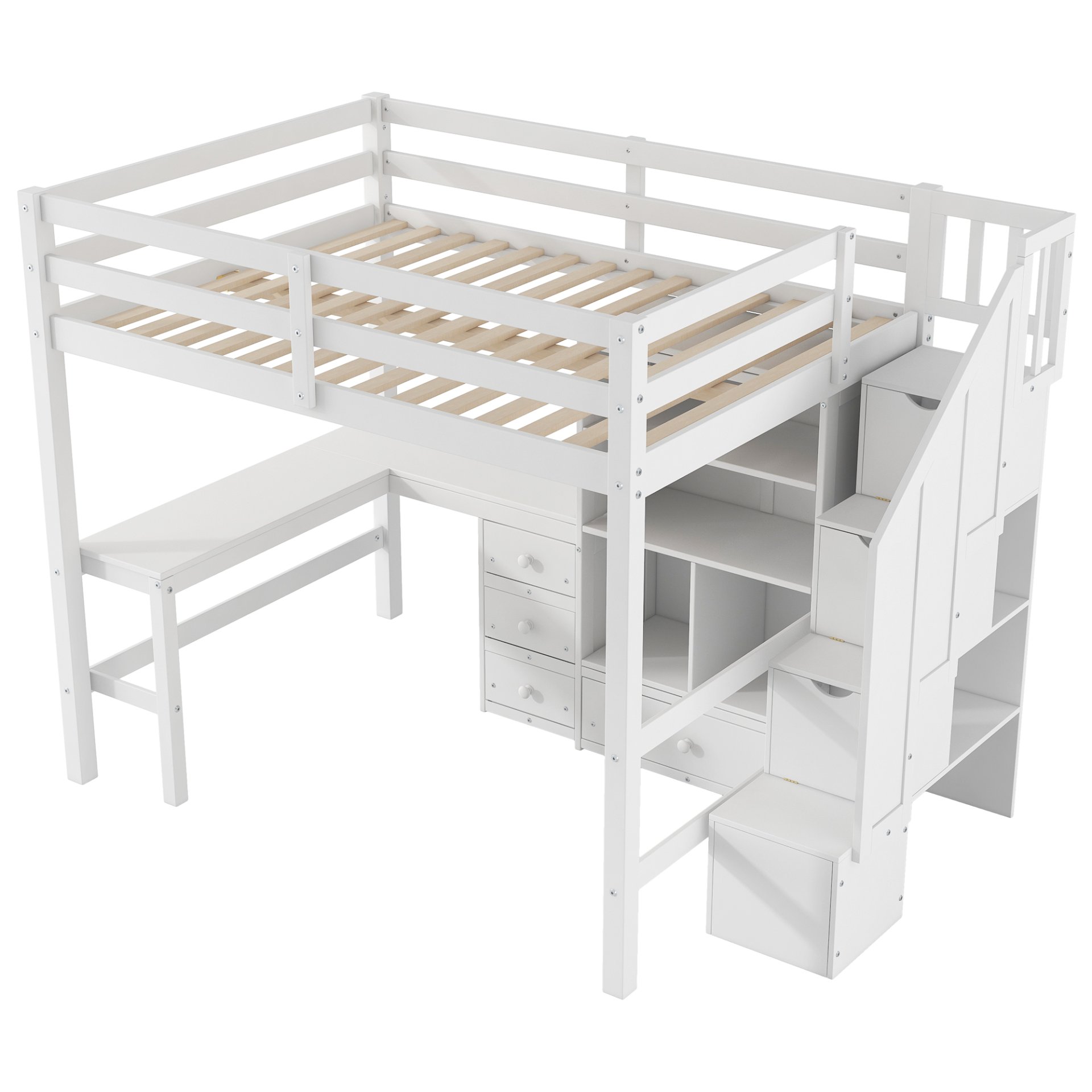 Full Size Loft Bed With L-Shaped Desk, Drawers, Cabinet, And Storage Staircase - White - Image 12