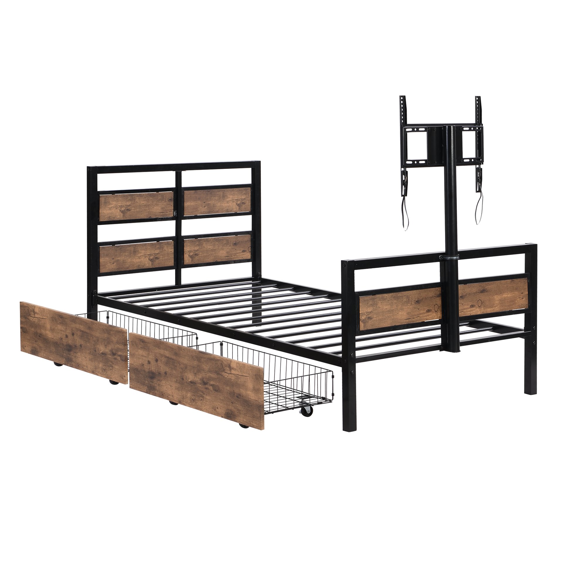 Twin Size Platform Bed With Headboard And Footboard, 2 Storage Drawers And Rotatable TV Stand - Black - Image 9