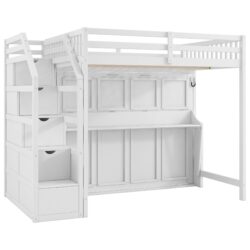 Full Long Loft Bed With Storage Staircase, Murphy Bed, LED Light - White