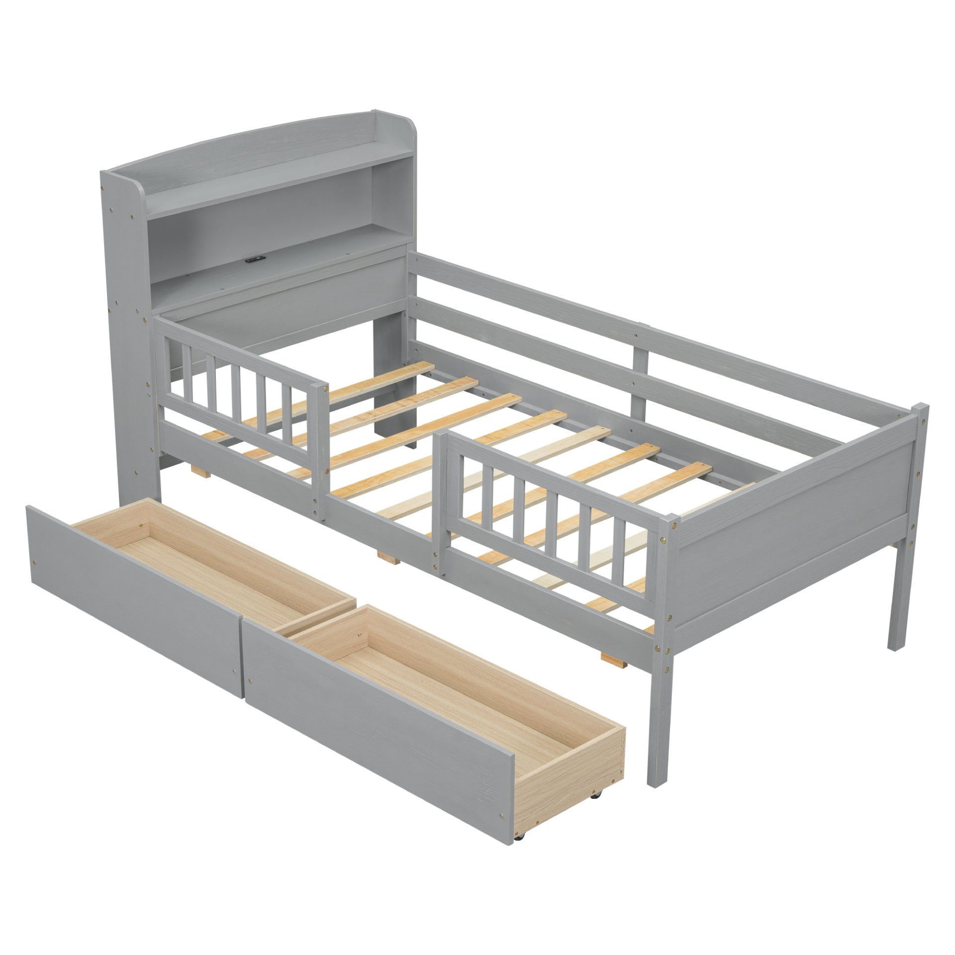 Twin Size Platform Bed With LED Light, Multi Functional Headboard, Guardrail And 2 Drawers - Gray - Image 5