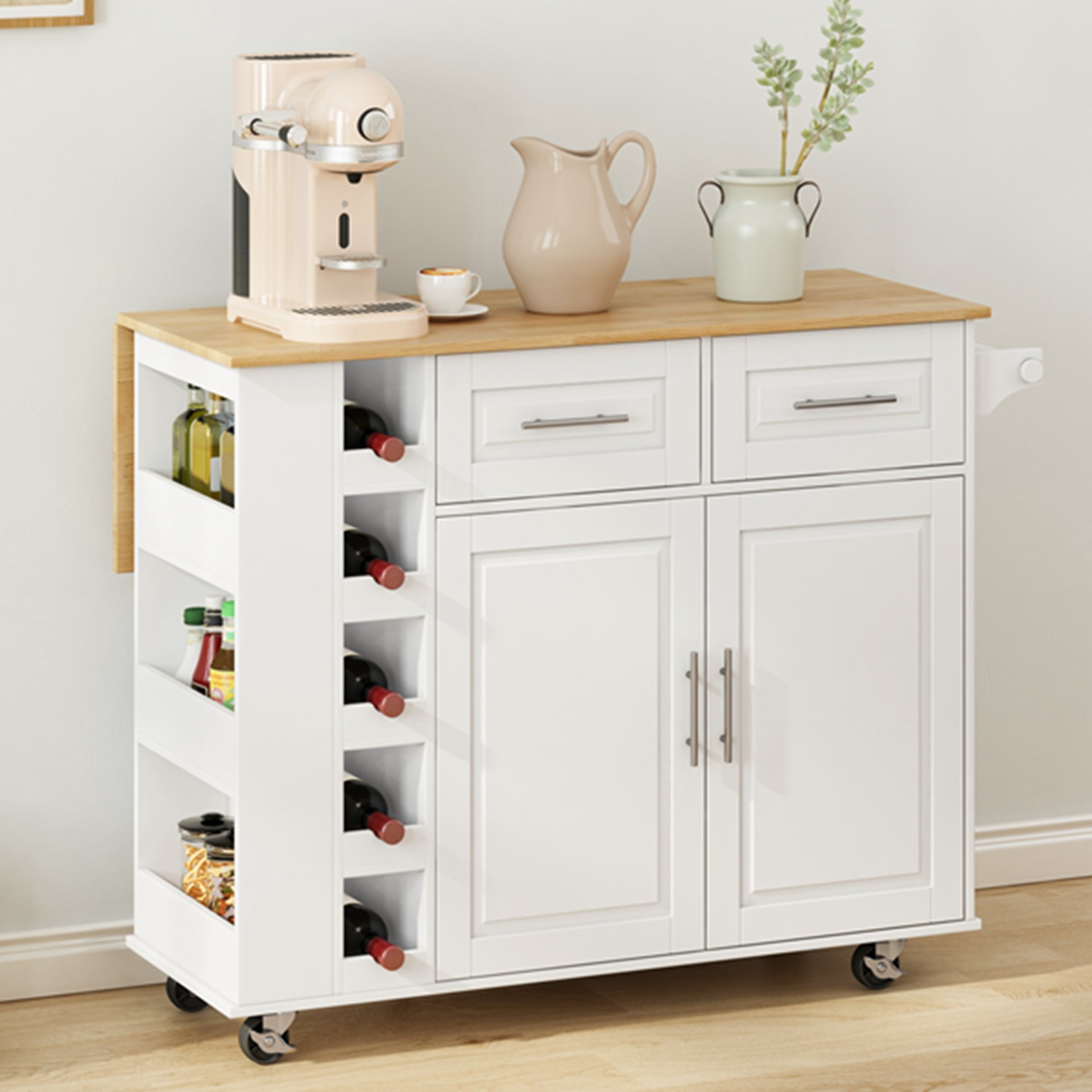 Kitchen Island Cart With 2 Door Cabinet, 2 Drawers, Spice Rack, Towel Holder, Wine Rack, And Foldable Top - White - Image 4