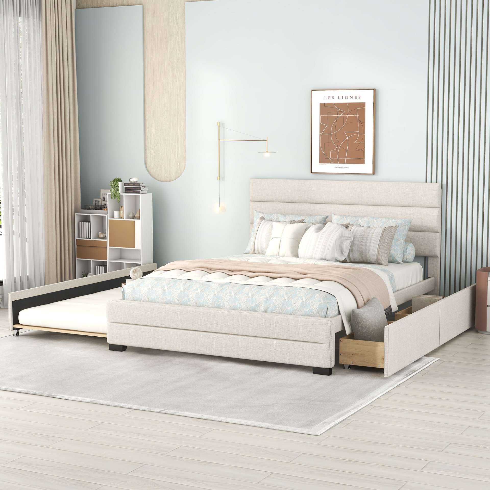 Queen Platform Bed With Twin Trundle And 2 Storage Drawers - Beige - Image 4