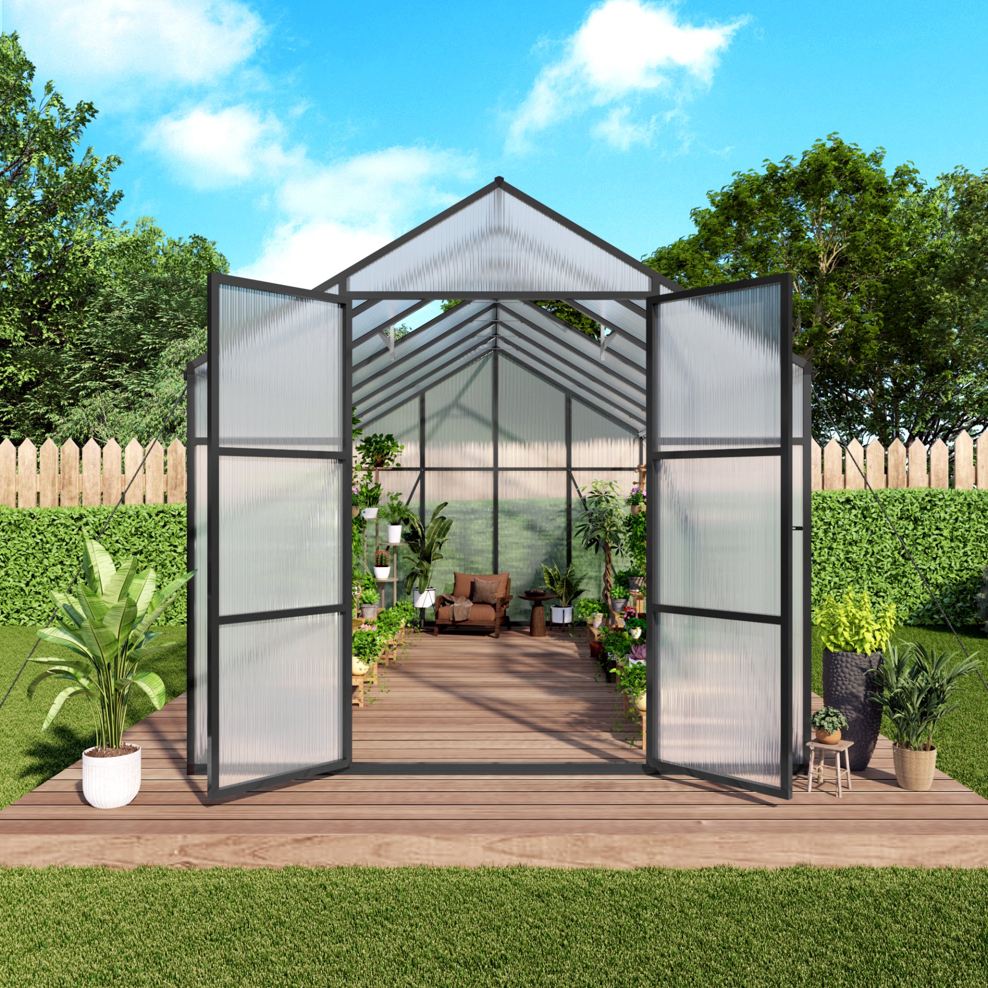 Gain Height Windproof Greenhouse 8 X 14 Ft Polycarbonate With Raised Base And Anchor Alloy Frame, All Season Outdoor Garden Shelter - Black - Image 8