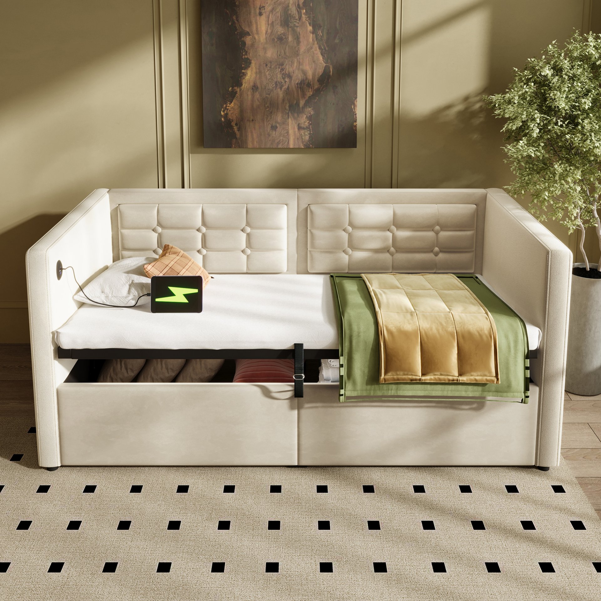 Twin Size Upholstered Hydraulic Storage Daybed With USB & Type C Charging - Beige - Image 2