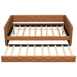 Upholstered Full Long Daybed With Trundle And LED Armrests - Brown