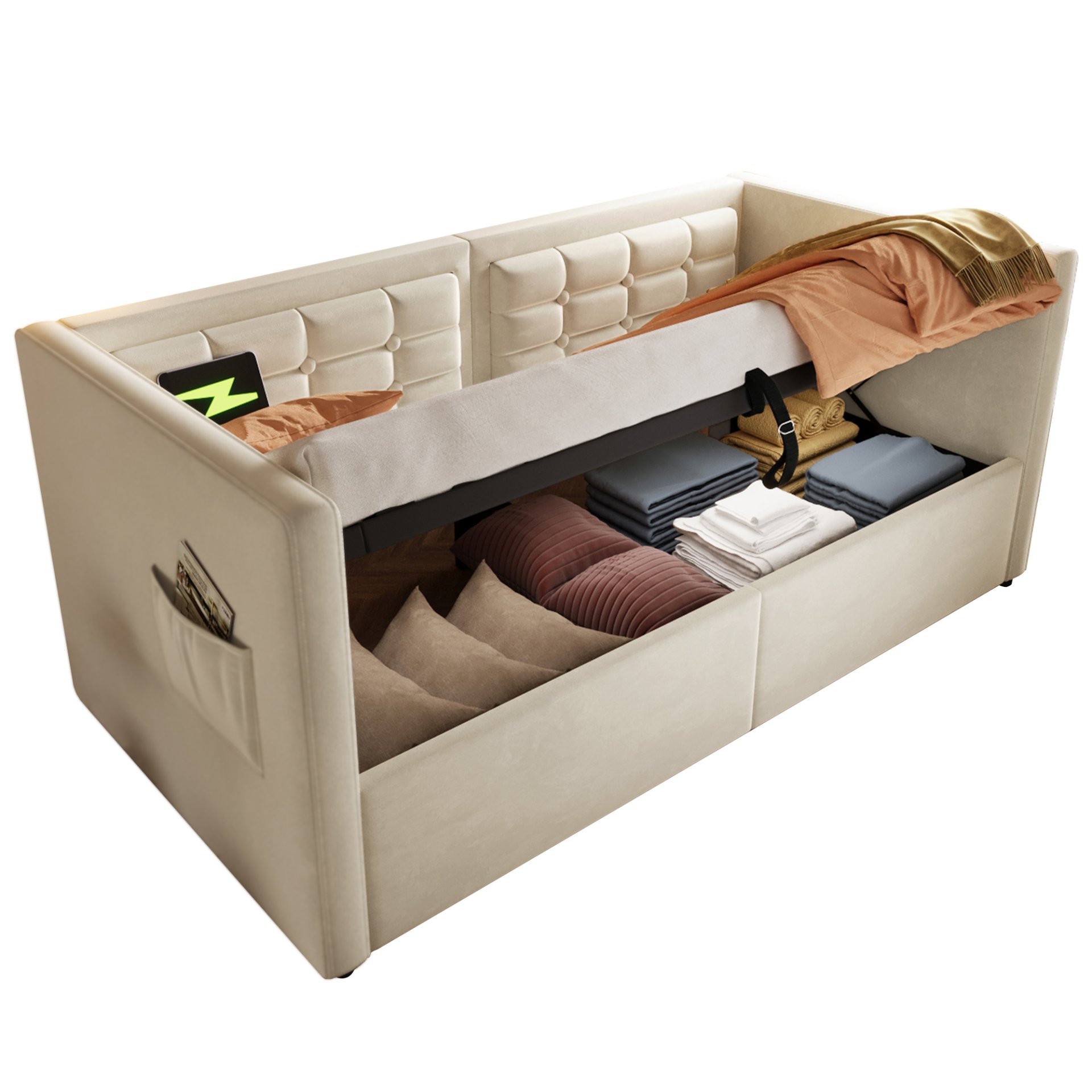 Twin Size Upholstered Hydraulic Storage Daybed With USB & Type C Charging - Beige - Image 7
