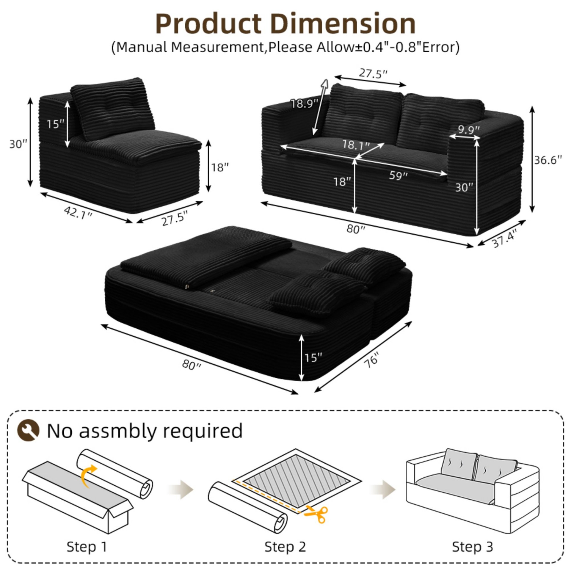 Multi Functional Sectional Sofa Bed With Independent Chaise Lounge And Functional Blanket - Black - Image 3