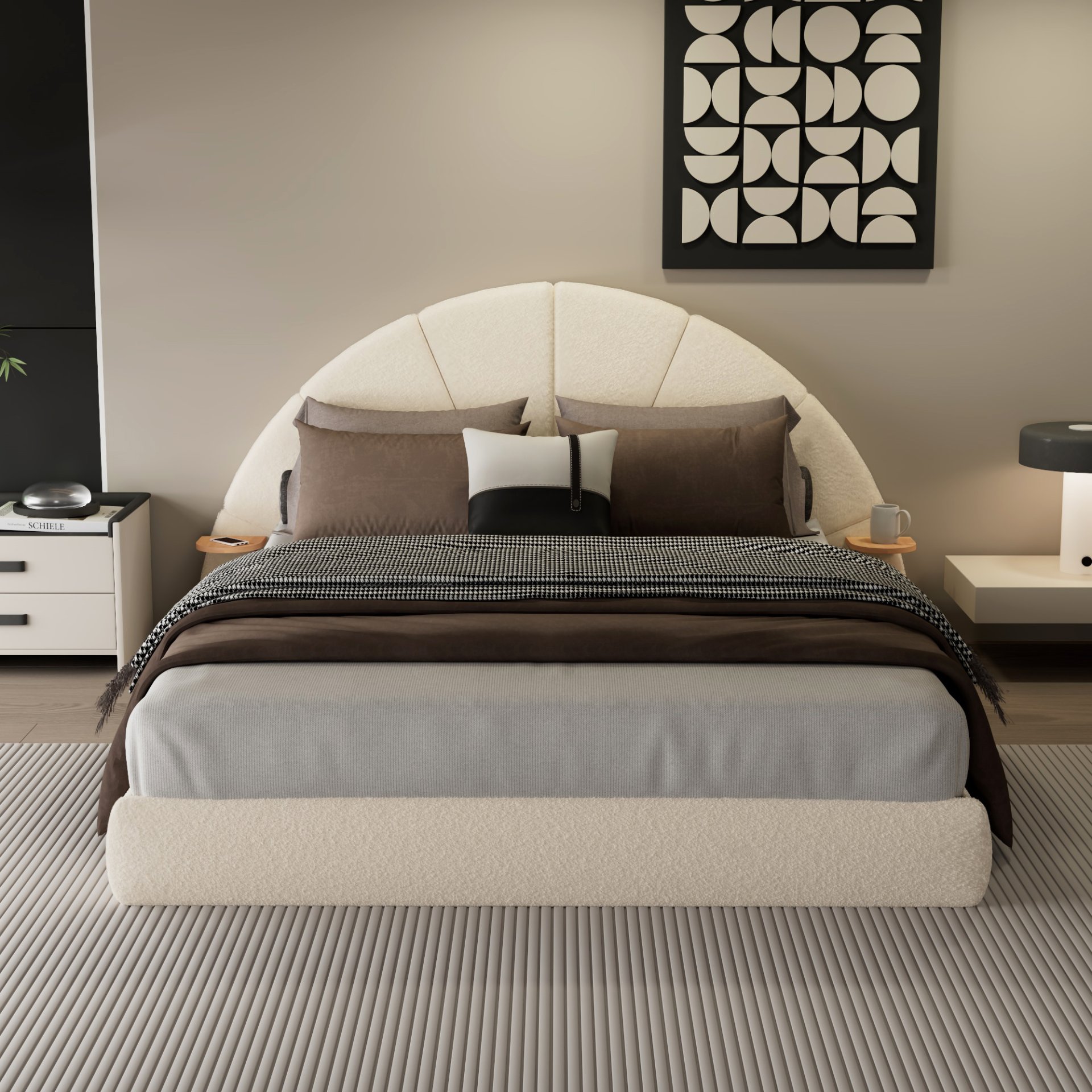 Queen Arched Bed With Small Table, Floor Standing Design - Beige - Image 4