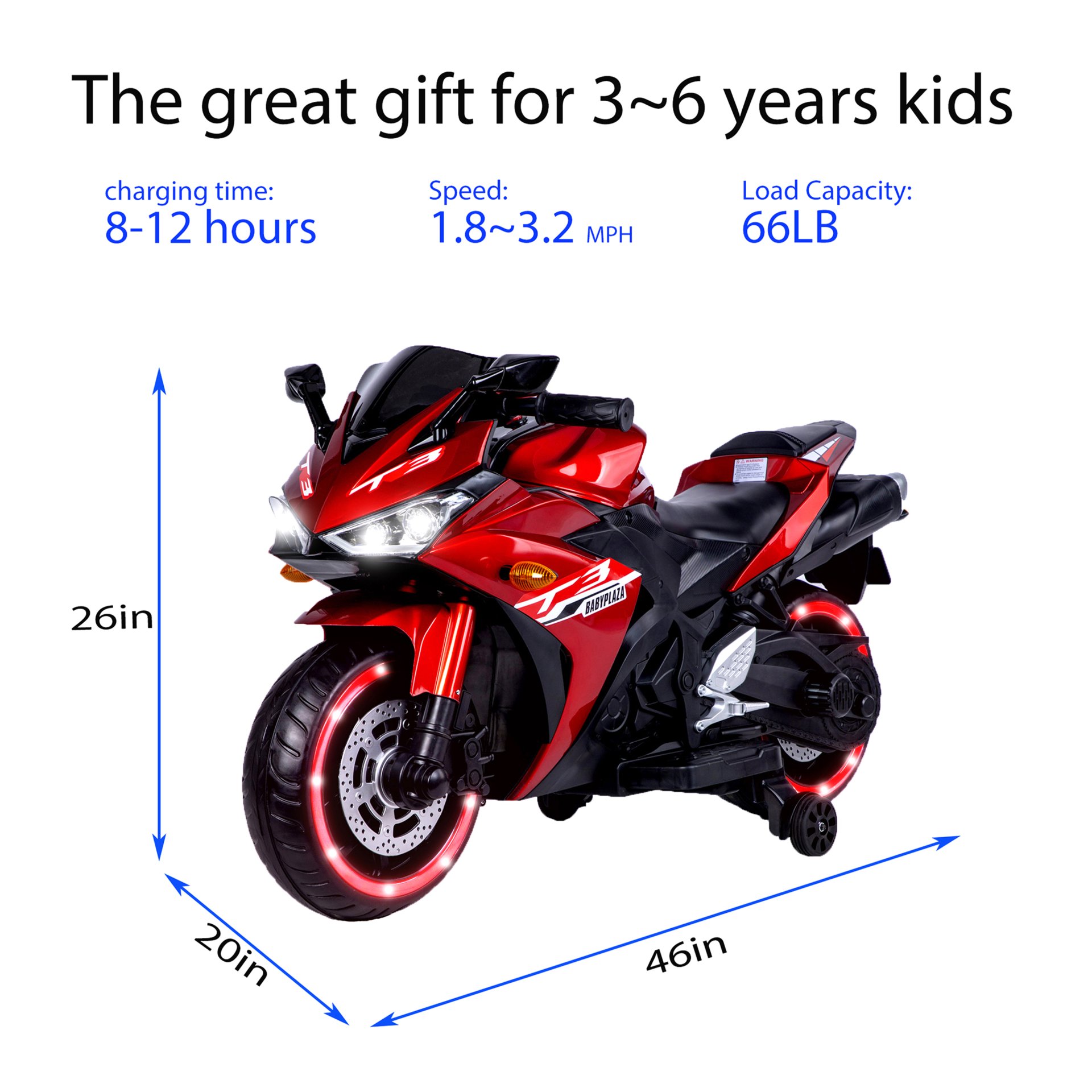 Kids 12V Motorcycle With Training Wheels, Manual Throttle, And Lighting Wheels For Boys And Girls Ages 3-6 - Red - Image 3