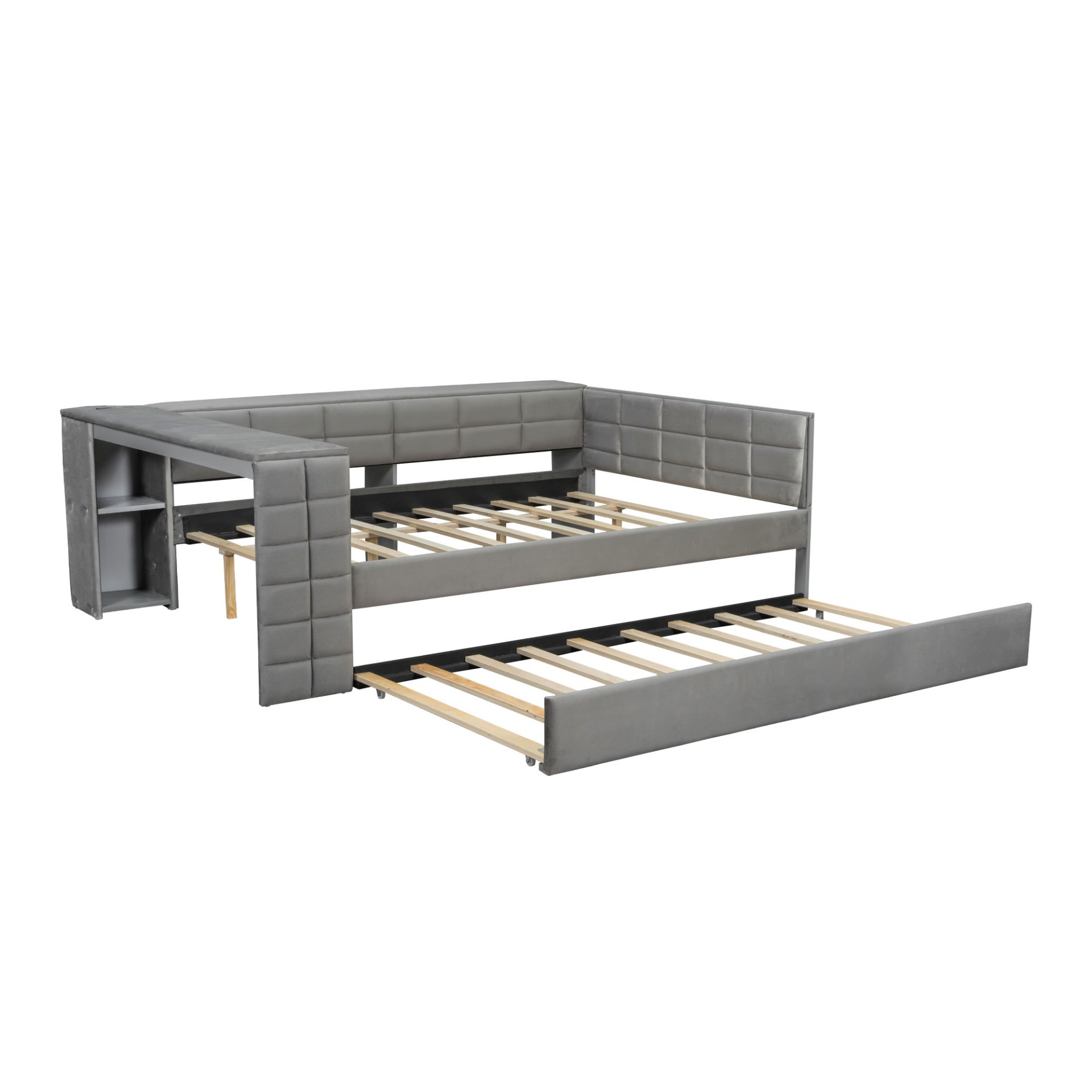 Upholstered Full Size Platform Bed With Storage Shelves, Desk, Charging Station And Trundle - Gray - Image 8