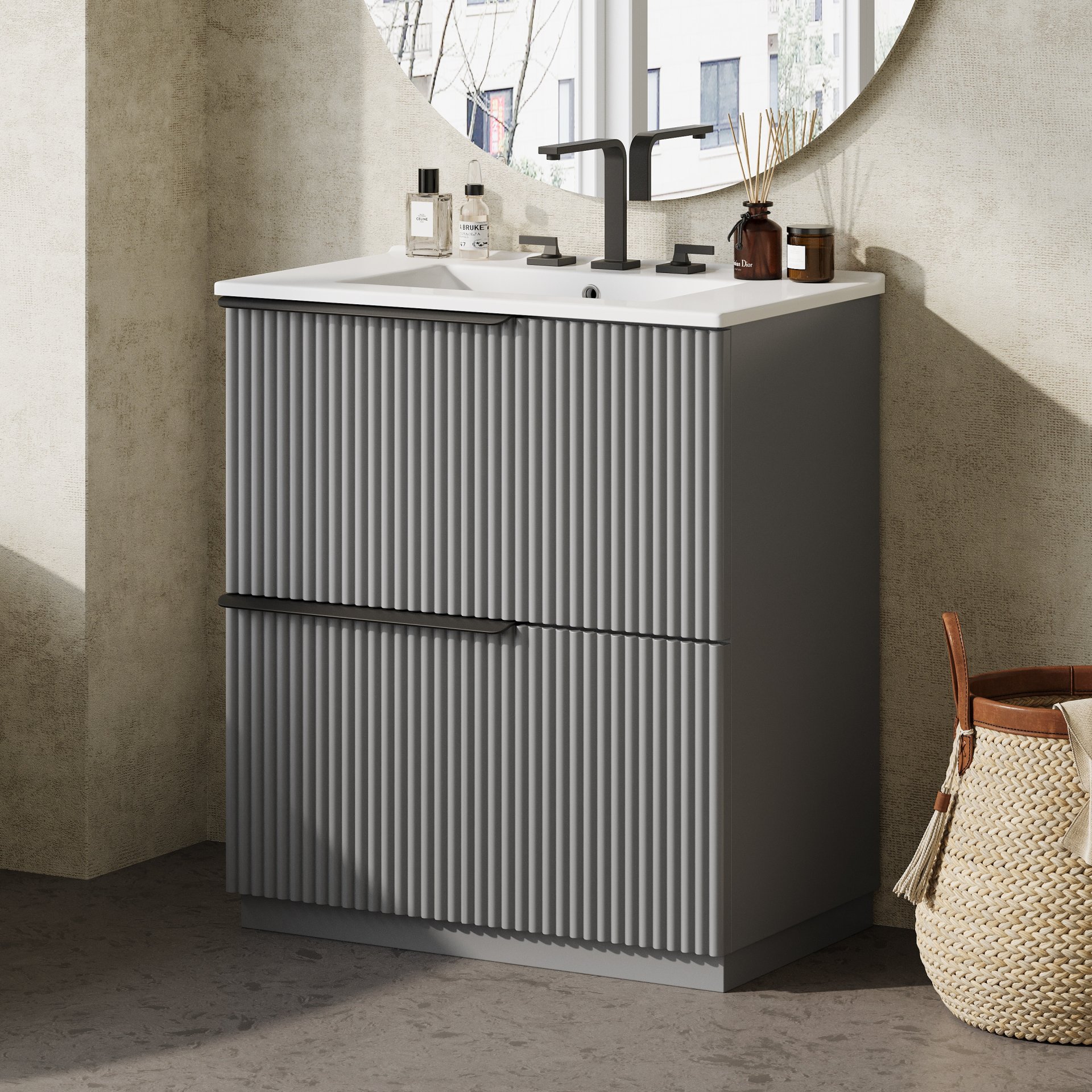 Fluted Bathroom Vanity With Sink, Full Extension Soft Close Drawers - Gray - Image 4