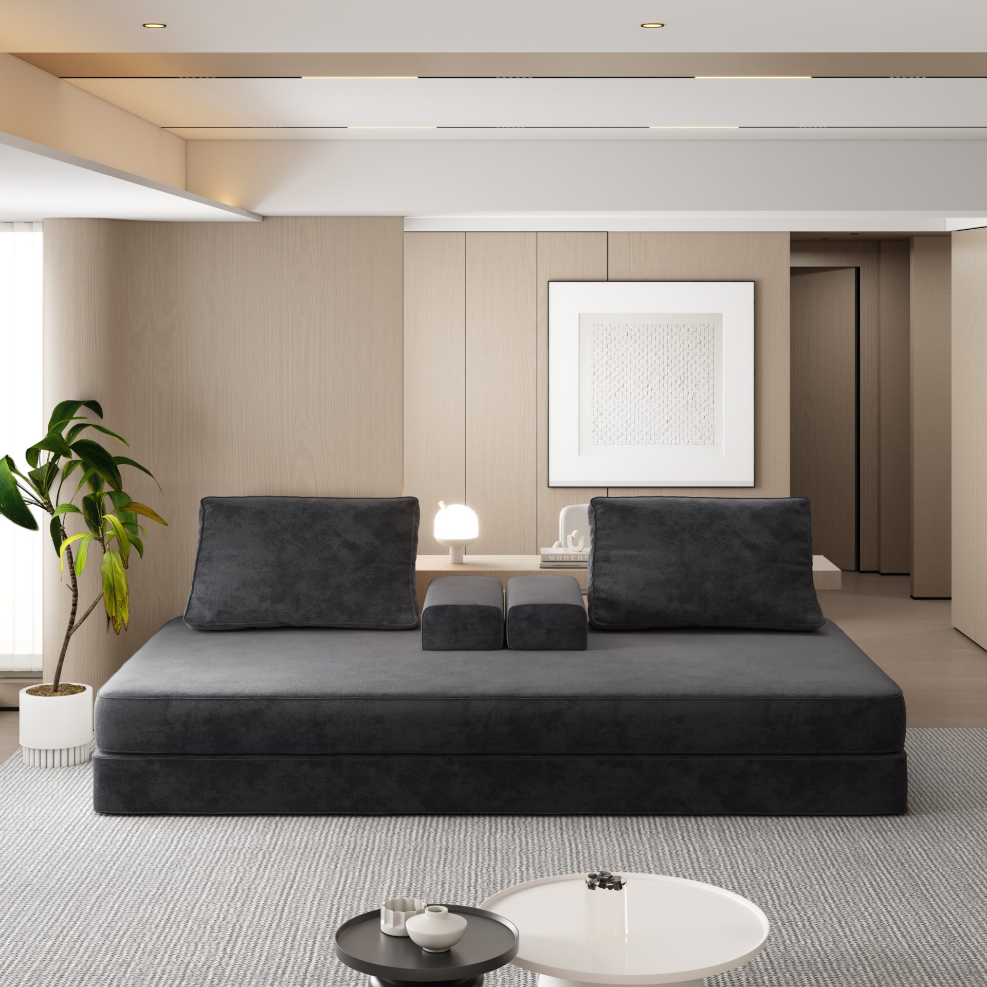 Multifunctional Convertible Sofa Bed With 2 Tumbler Backrests And 2 Pillows, Diy Modern Upholstered Couch - Dark Gray - Image 8