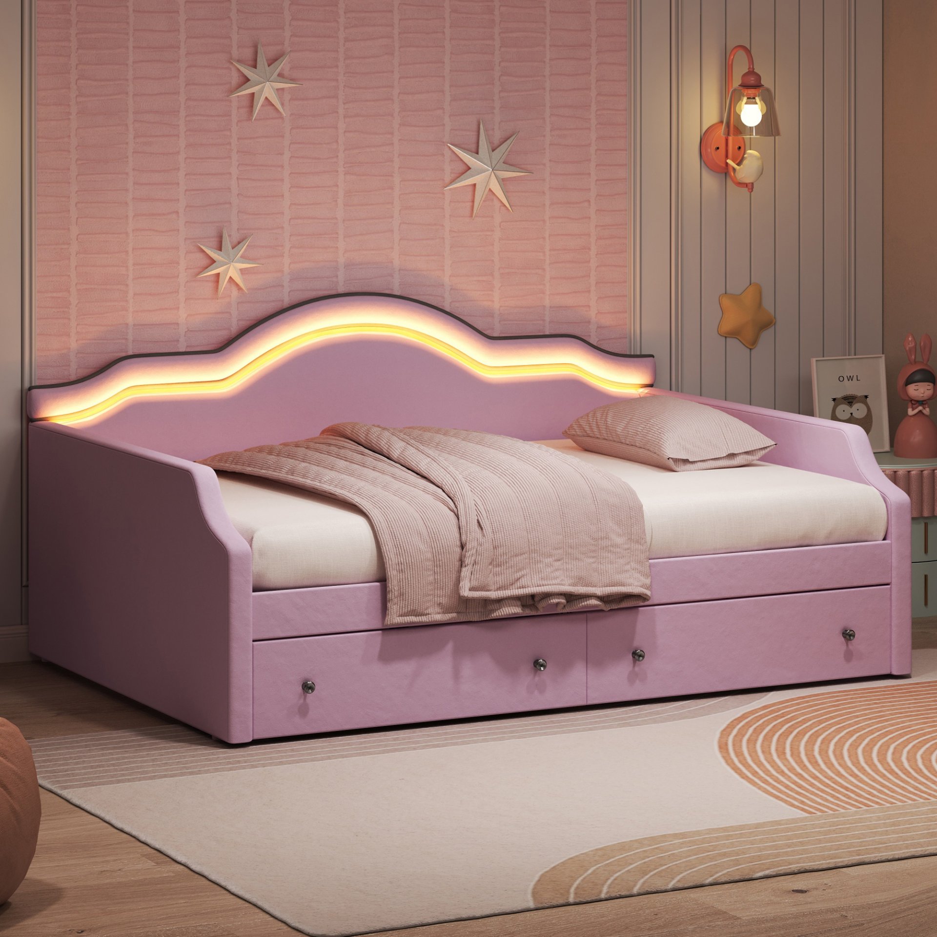 Full Size Upholstered Daybed With LED Lights And 2 Drawers - Pink - Image 4