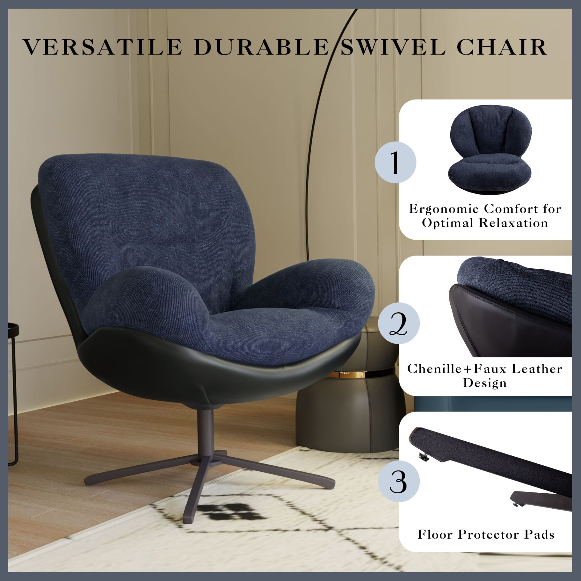 360° Swivel Office Chair, Modern Chenille Chair With And Metal Base Frame, No Wheels, Accent Chair - Dark Blue - Image 7