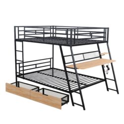 Full Size Bunk Bed With Built In Desk, Light, And 2 Drawers - Black