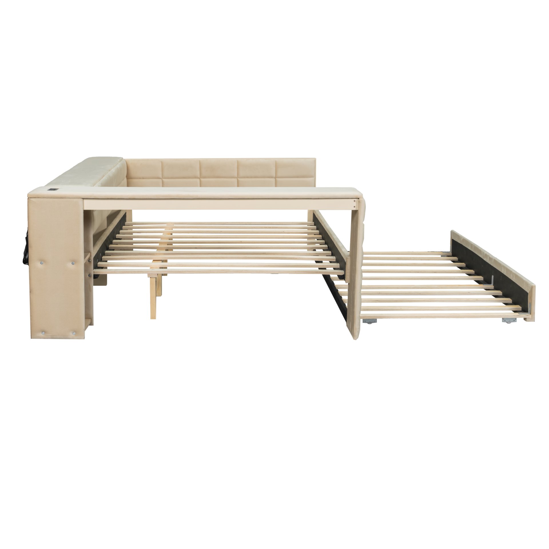 Upholstered Full Size Platform Bed With Storage Shelves, Desk, Charging Station And Trundle - Beige - Image 10
