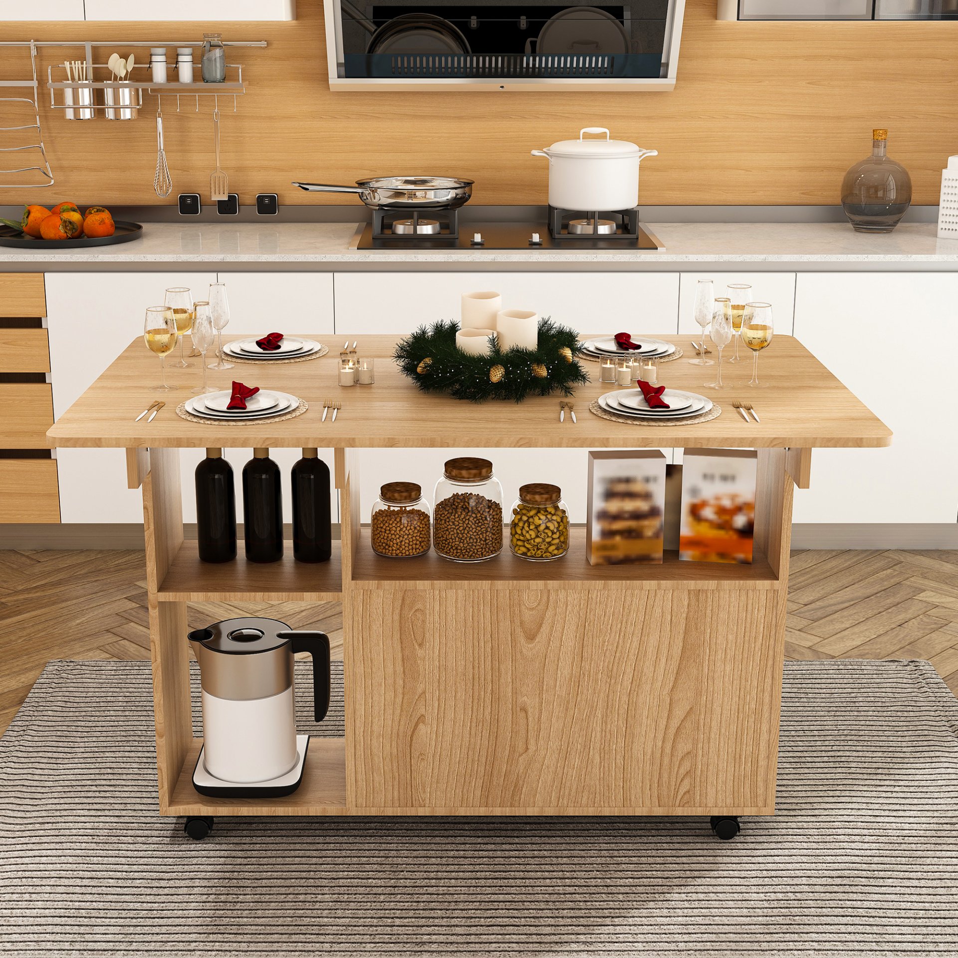 Multifunctional Folding Table With Storage Shelves And Wheels, Compact Desk For Kitchen - Walnut - Image 9