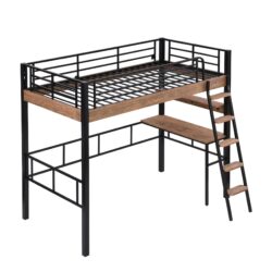 Twin Size Loft Bed With LED, Built In Desk, Storage Shelf And Ladder - Black