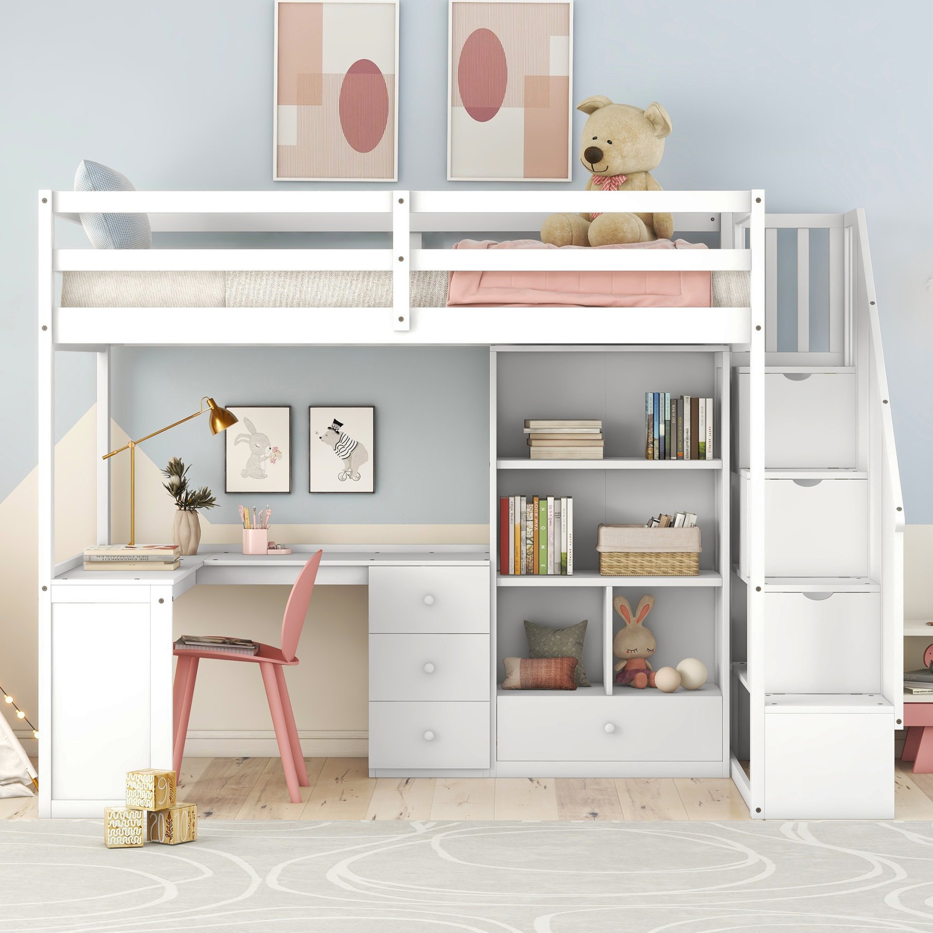 Twin Size Loft Bed With L-Shaped Desk, Drawers, Cabinet And Storage Staircase - White - Image 2