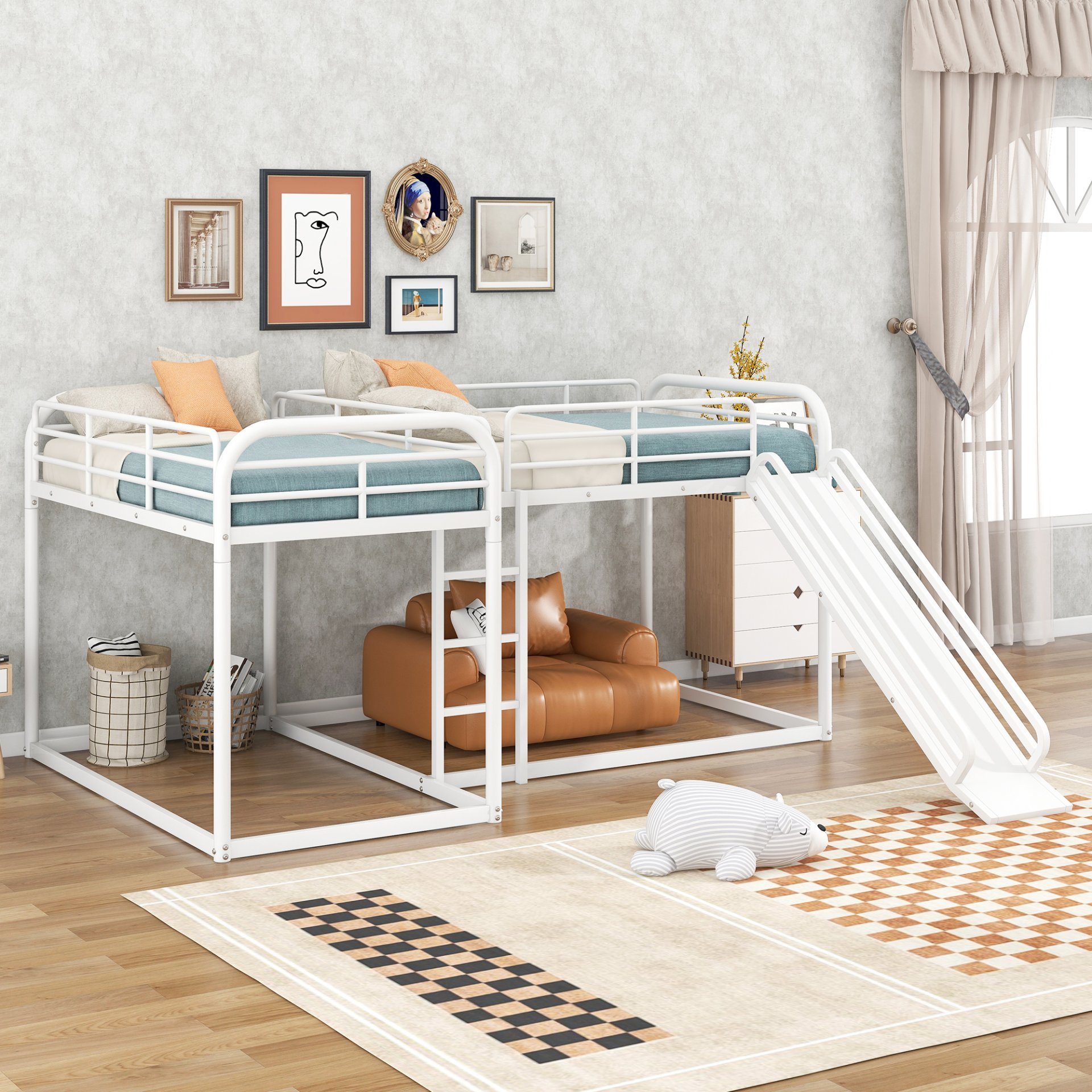 L-Shaped Bunk Bed With Slide And Short Ladder For Full And Twin Size - White - Image 4