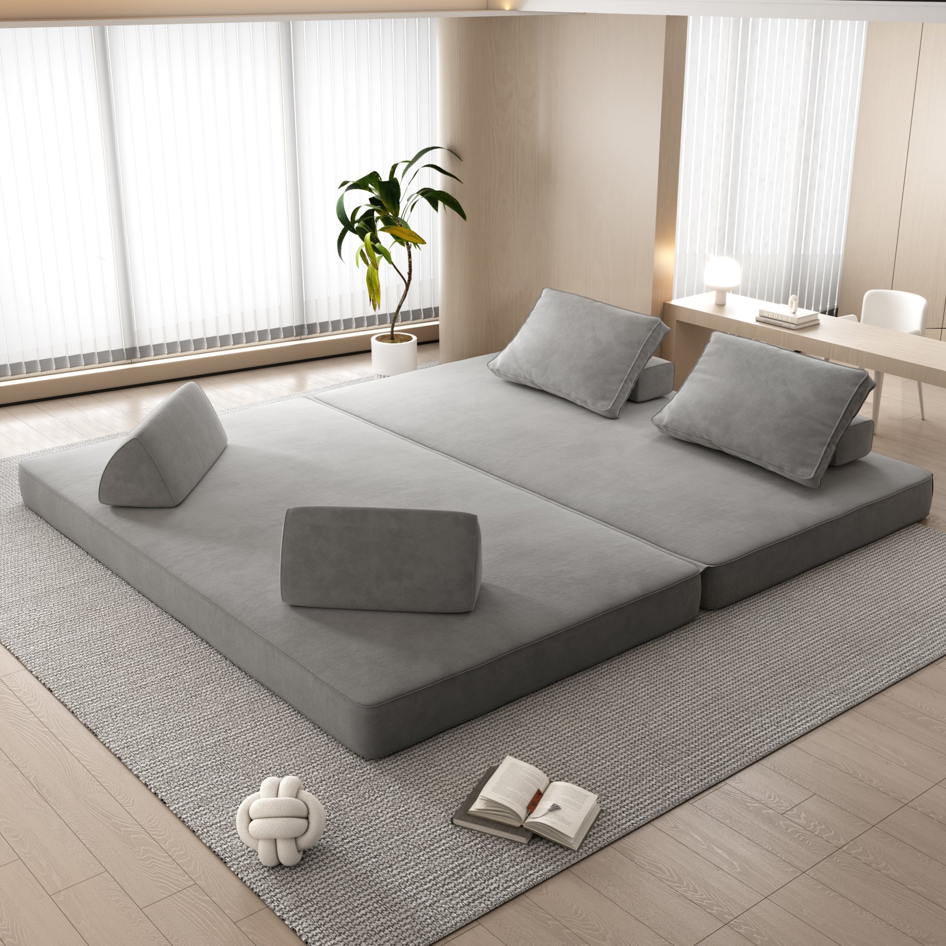 Multifunctional Convertible Sofa Bed With 2 Tumbler Backrests And 2 Pillows, Diy Modern Upholstered Couch - Light Gray - Image 2