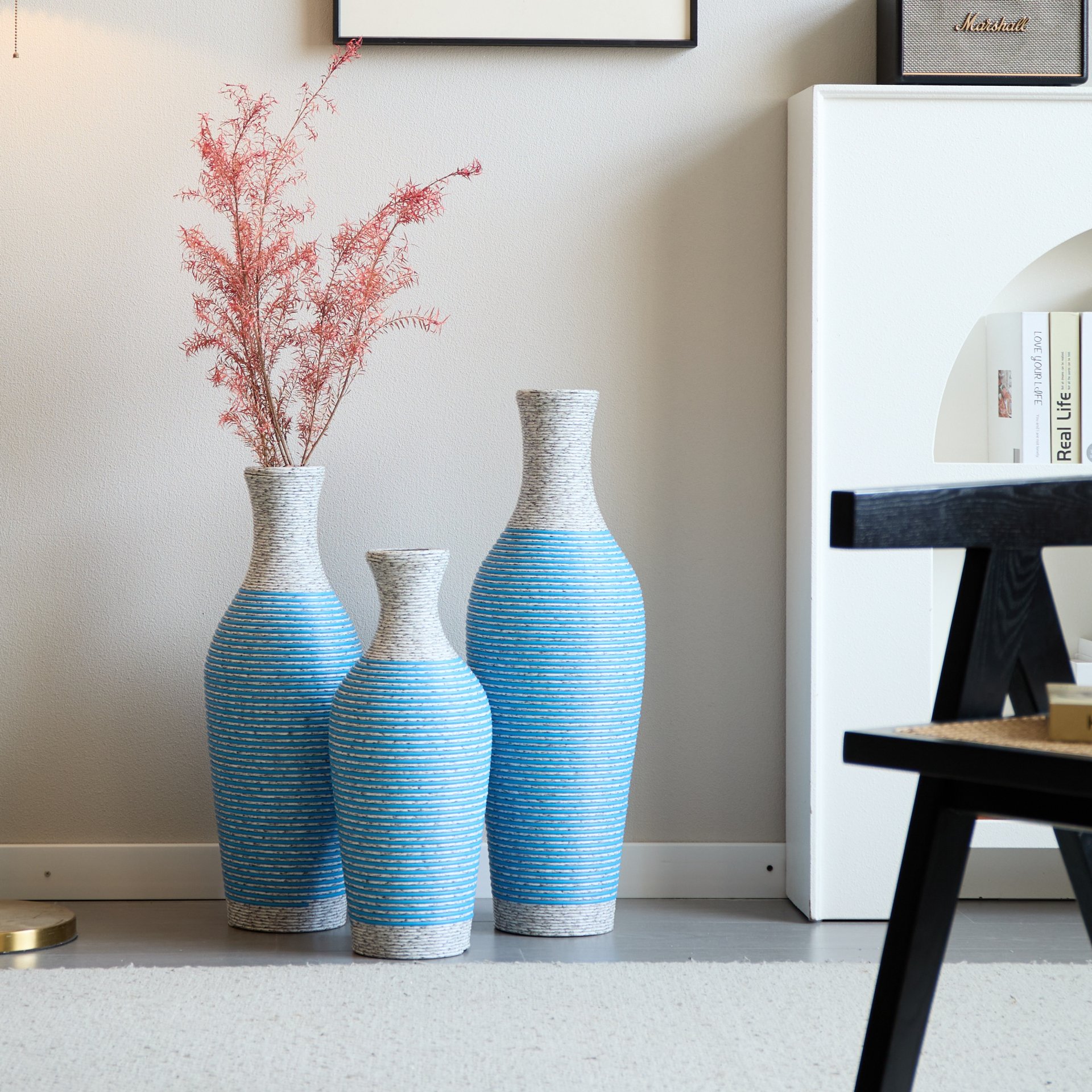 Desktop Vase, Classic And Neat Floor Vase, High Independent Flower Stand, Home Decoration Flower Stand (Set of 3) - White / Blue - Image 19