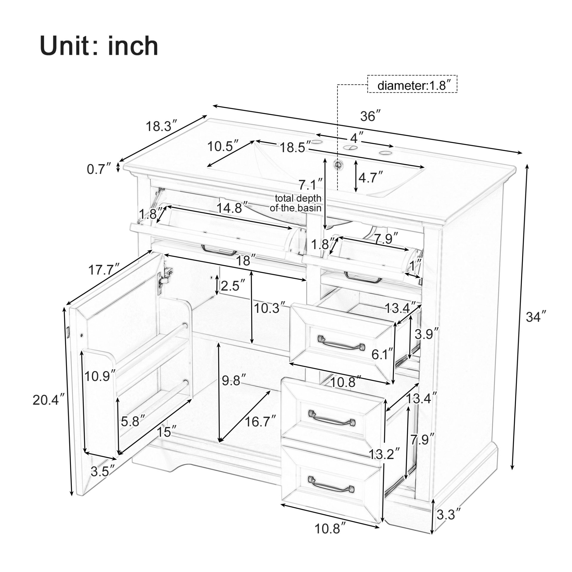 36" Bathroom Vanity With Sink, 2 Tip Out Drawers, Soft Close Hinges - Light Gray - Image 3