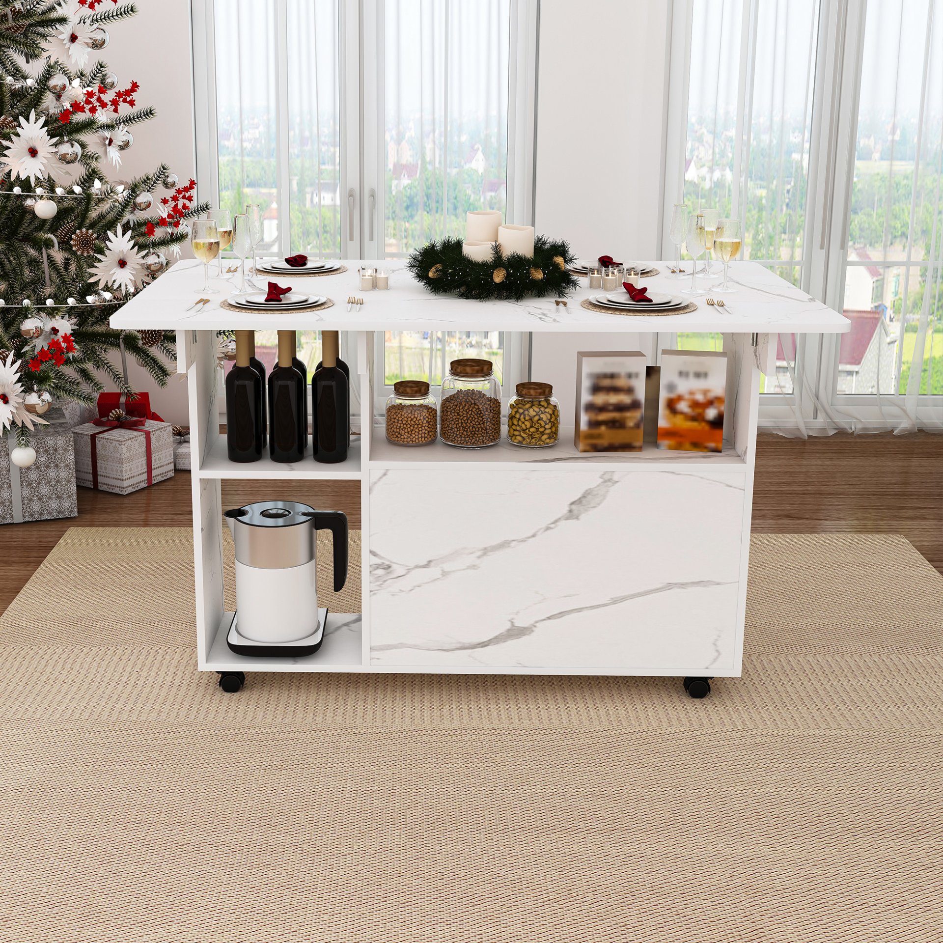 Multifunctional Folding Table With Storage Shelves And Wheels, Compact Desk For Kitchen - White - Image 4