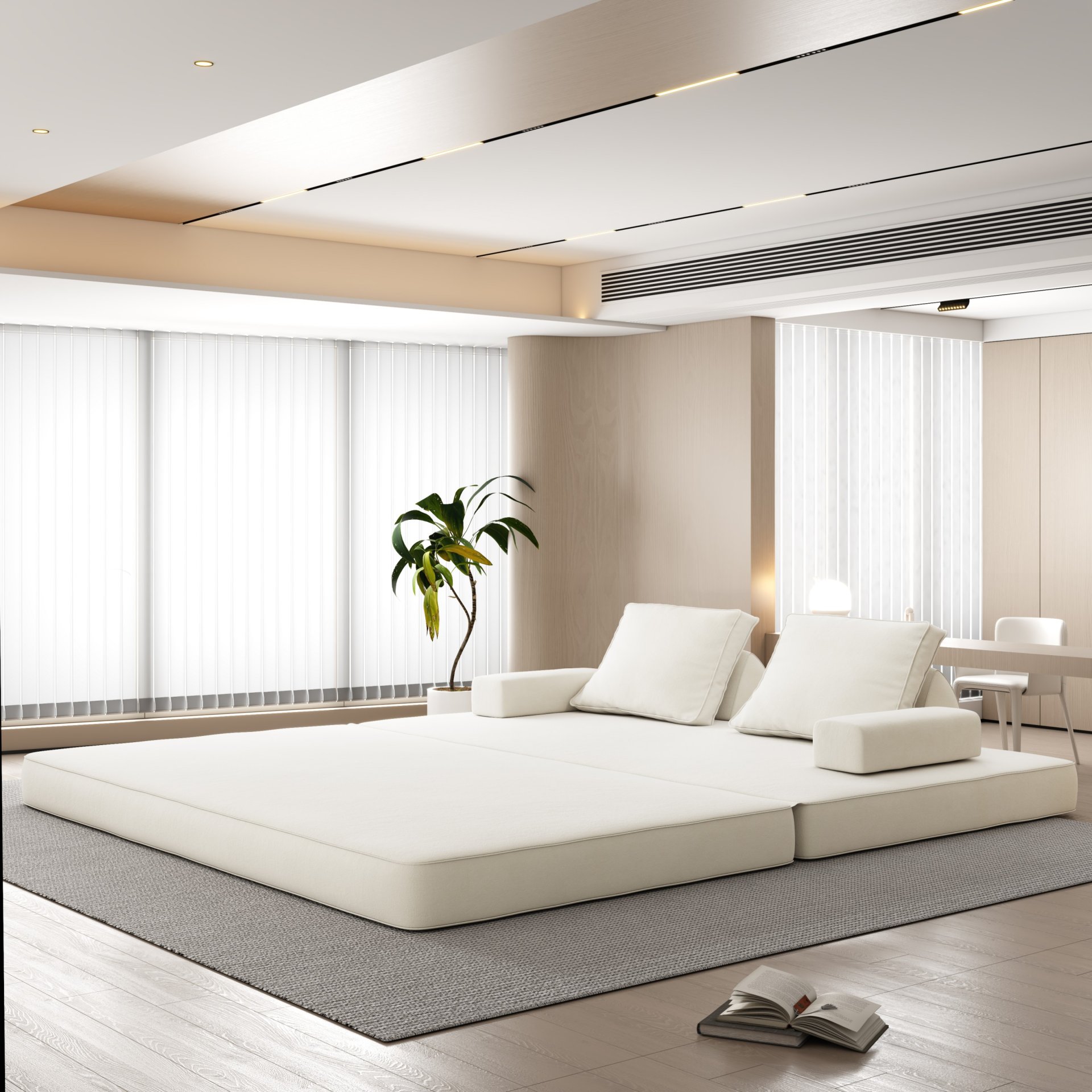 Multifunctional Convertible Sofa Bed With 2 Tumbler Backrests And 2 Pillows, Diy Modern Upholstered Couch - Beige - Image 2