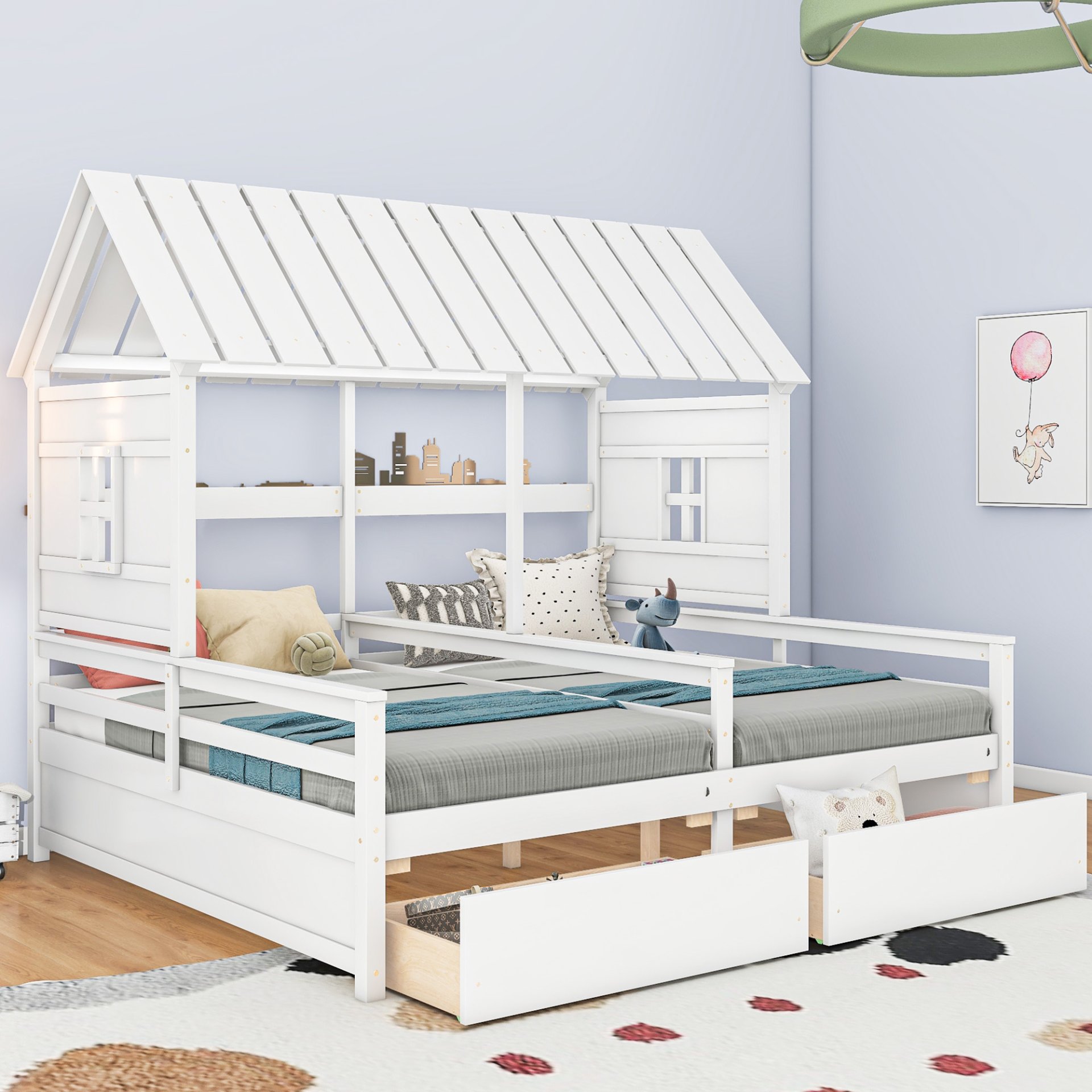 Twin Size House Platform Beds With 2 Drawers, Side By Side Design For Shared Bedrooms - White - Image 2