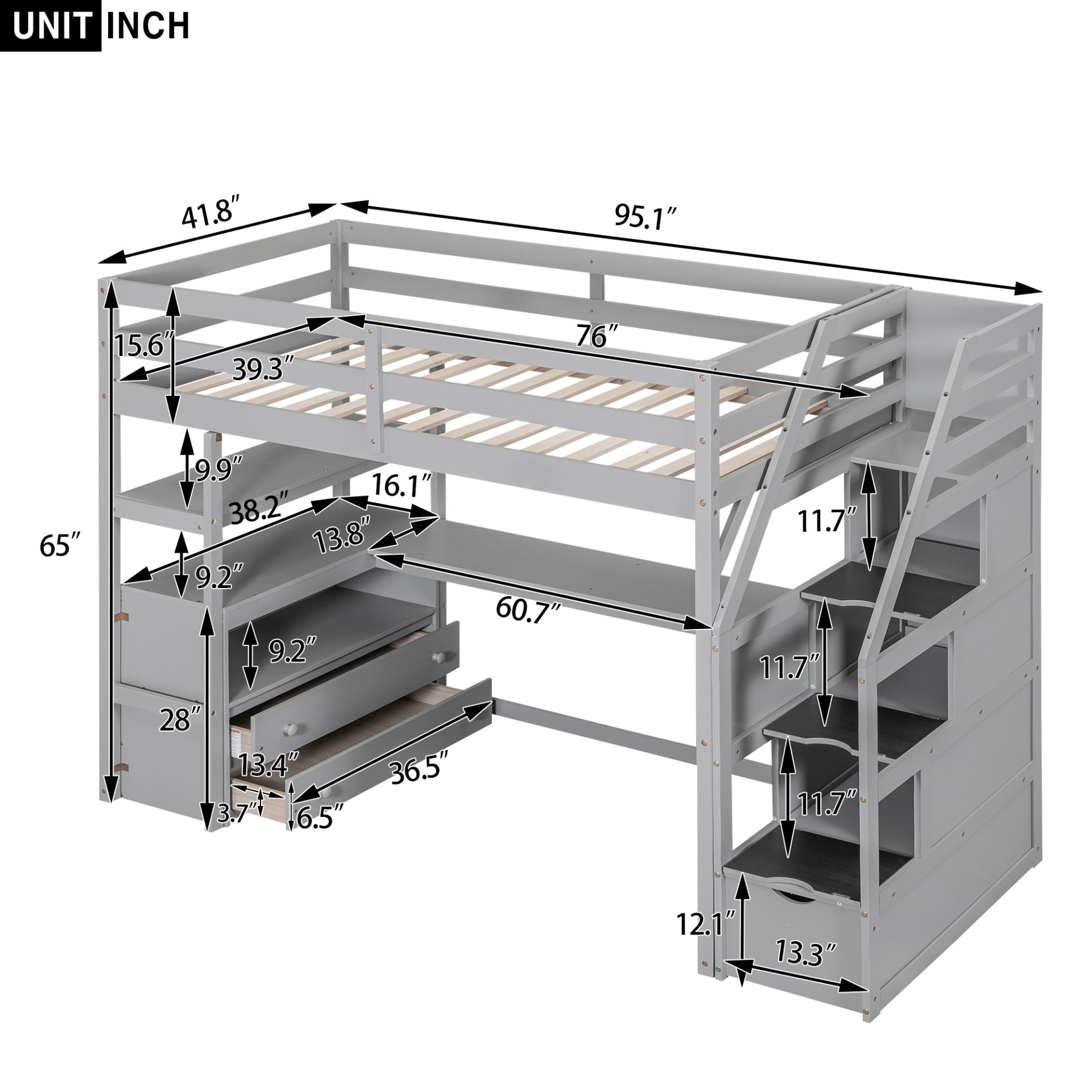 Twin Size Loft Bed With Built In Desk, Shelves, Drawers, And Storage Staircase - Gray - Image 3