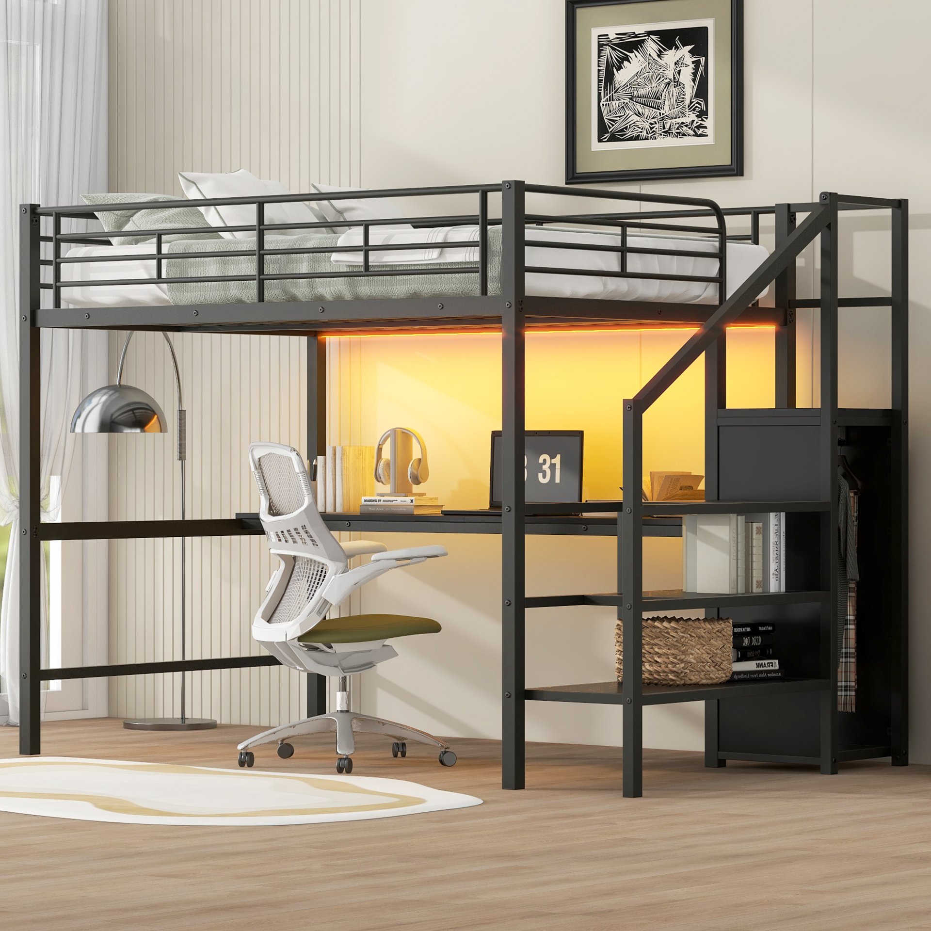 Full Size Loft Bed With Desk, Storage Staircase, Small Wardrobe And LED Light - Black - Image 4
