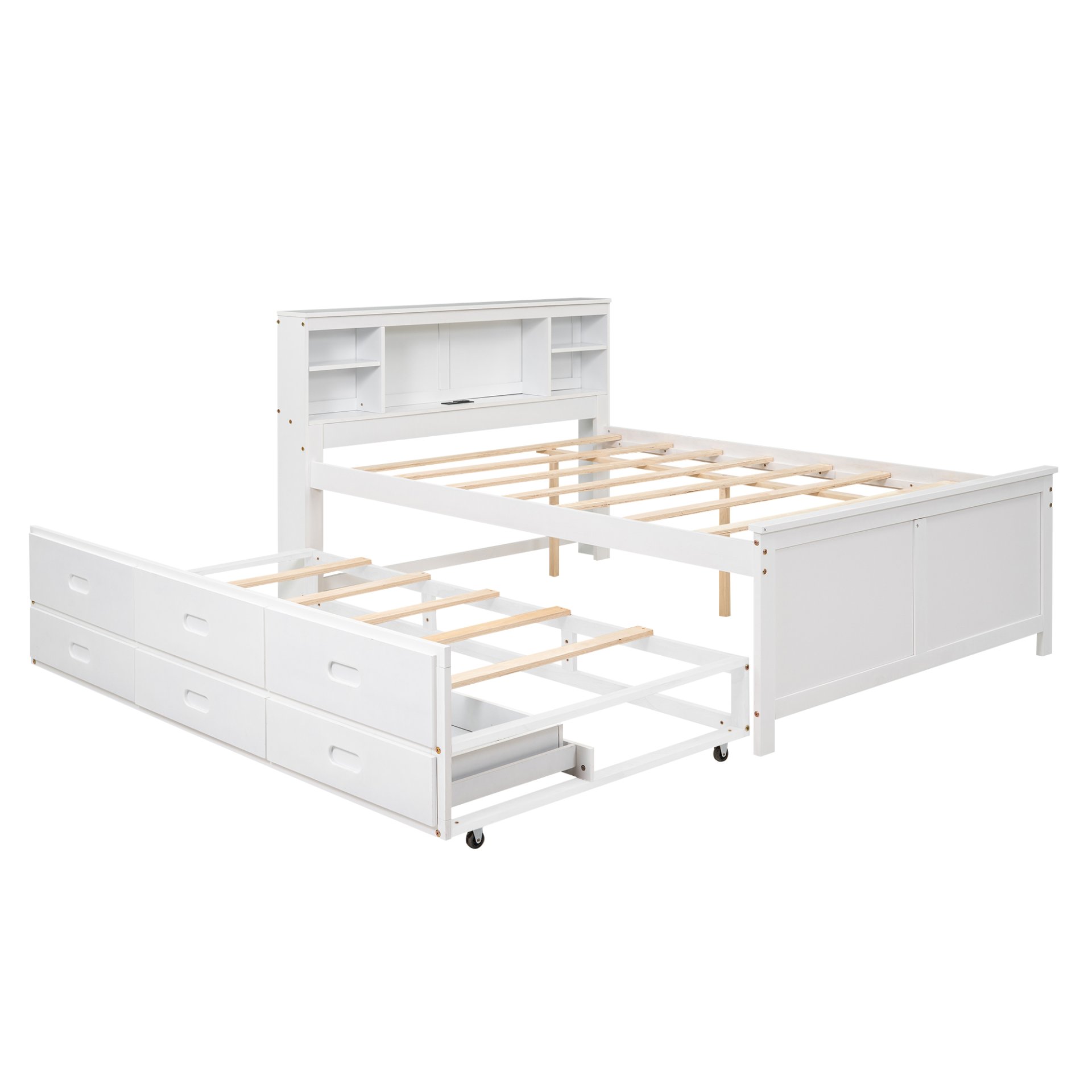 Full Size Platform Bed With Storage Headboard, USB Ports, Twin Trundle, 3 Drawers Construction - White - Image 14