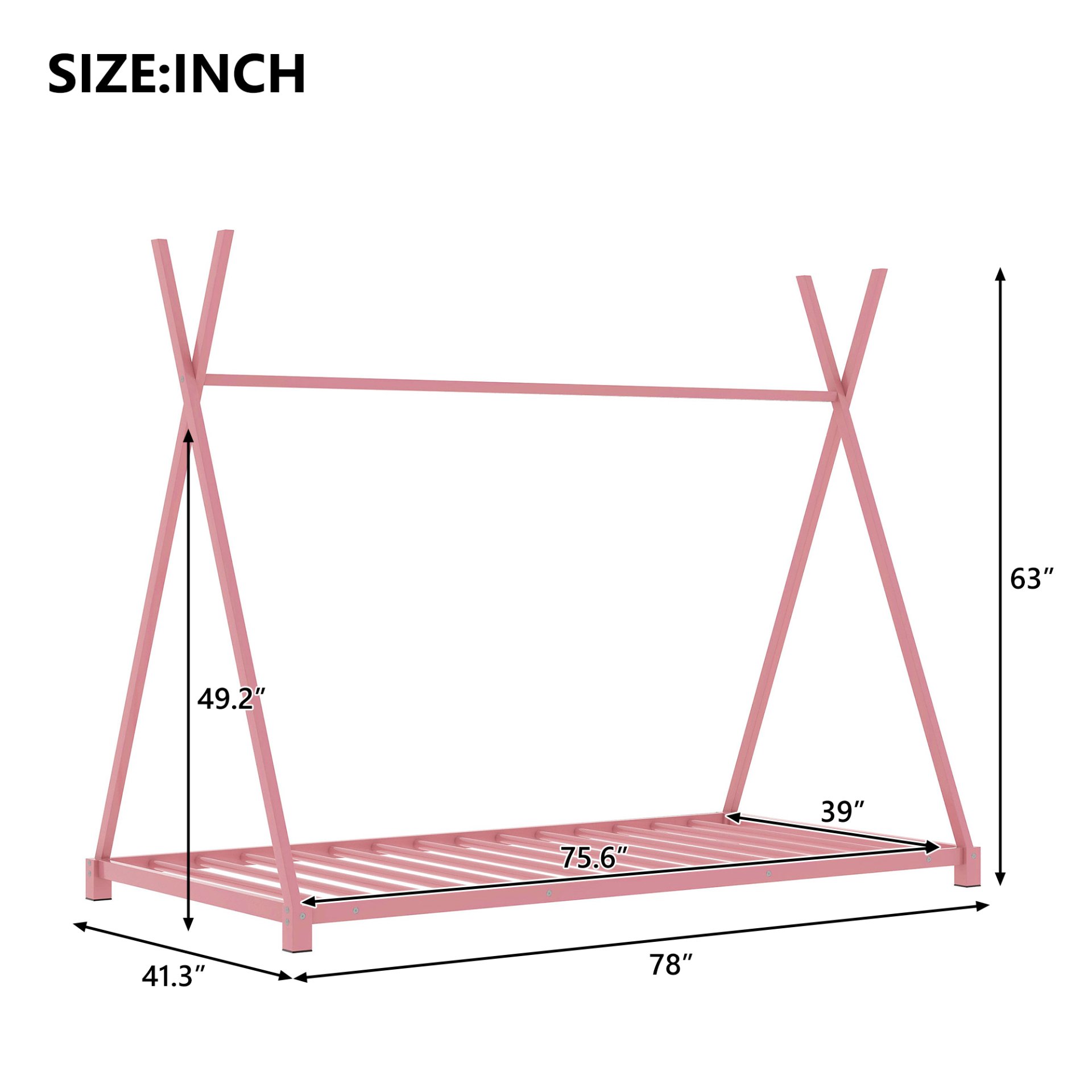 Twin Size House Platform Bed With Triangle Structure, Sturdy Frame, Low Profile Design - Pink - Image 3