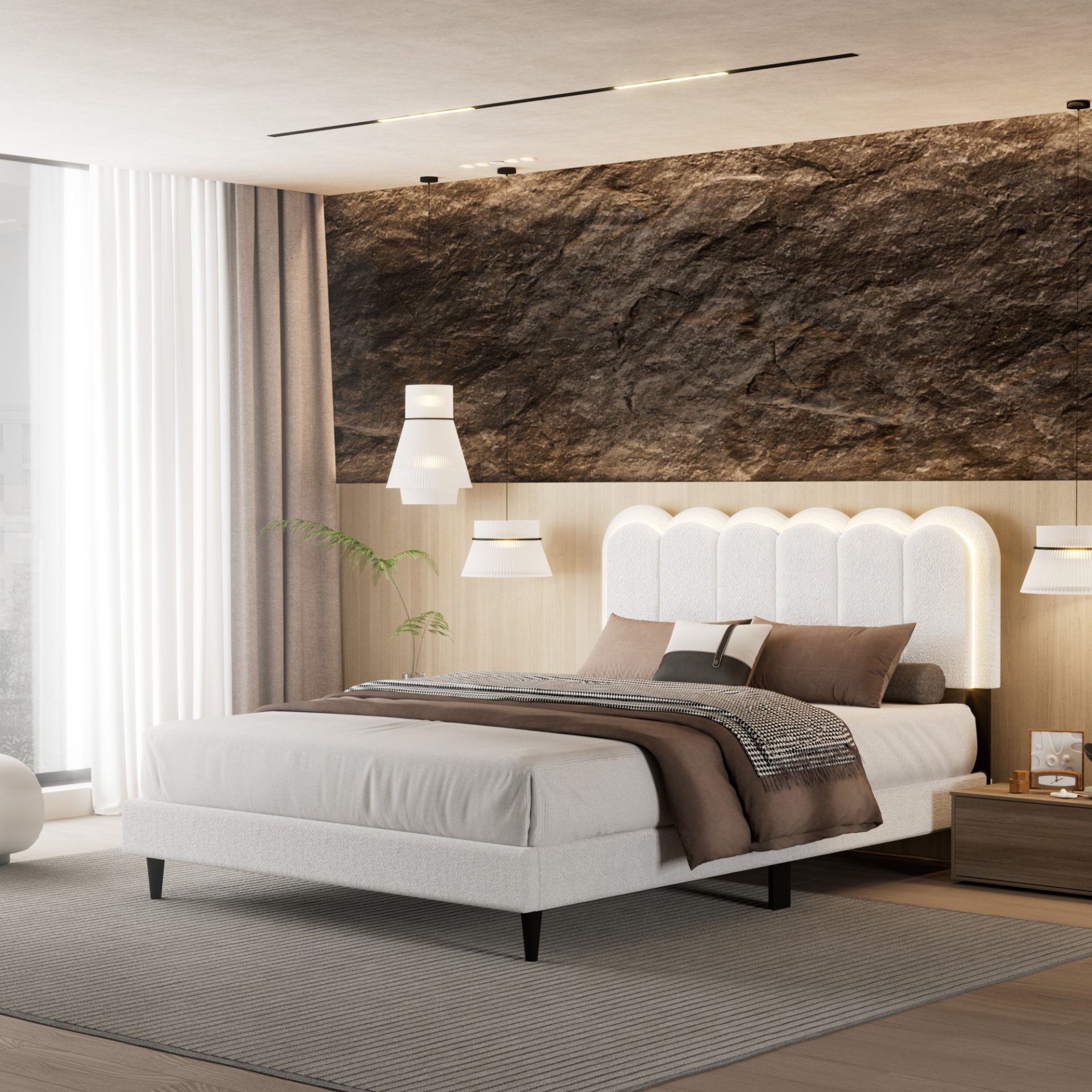 Queen Size Lambswool Petal Headboard Bed Frame With Ambient Light - White - Image 2