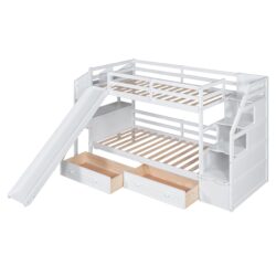 Twin Over Twin Bunk Bed With Storage Staircase, Slide, Desk, Drawers, And Shelves - White