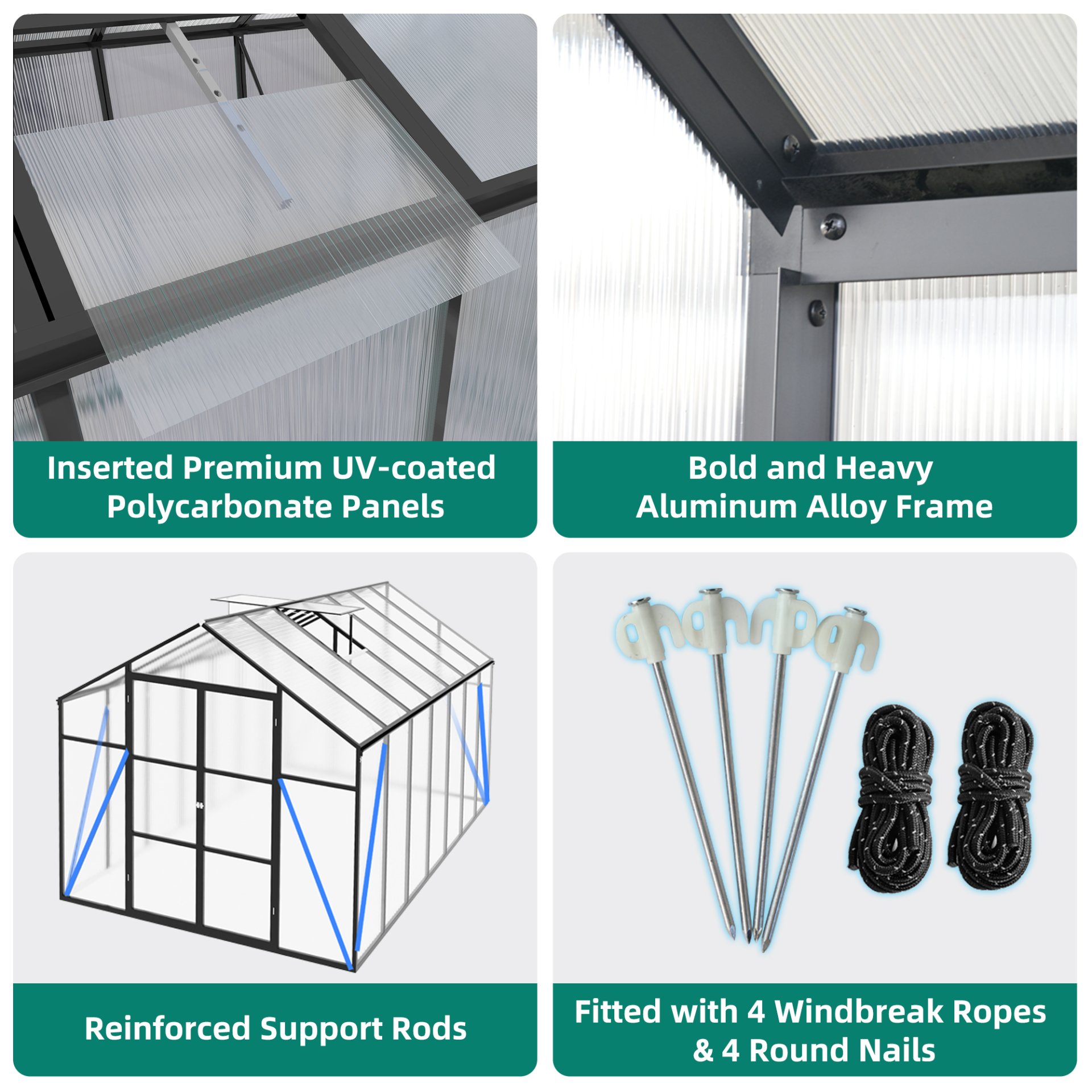 Gain Height Windproof Greenhouse 8 X 14 Ft Polycarbonate With Raised Base And Anchor Alloy Frame, All Season Outdoor Garden Shelter - Black - Image 6