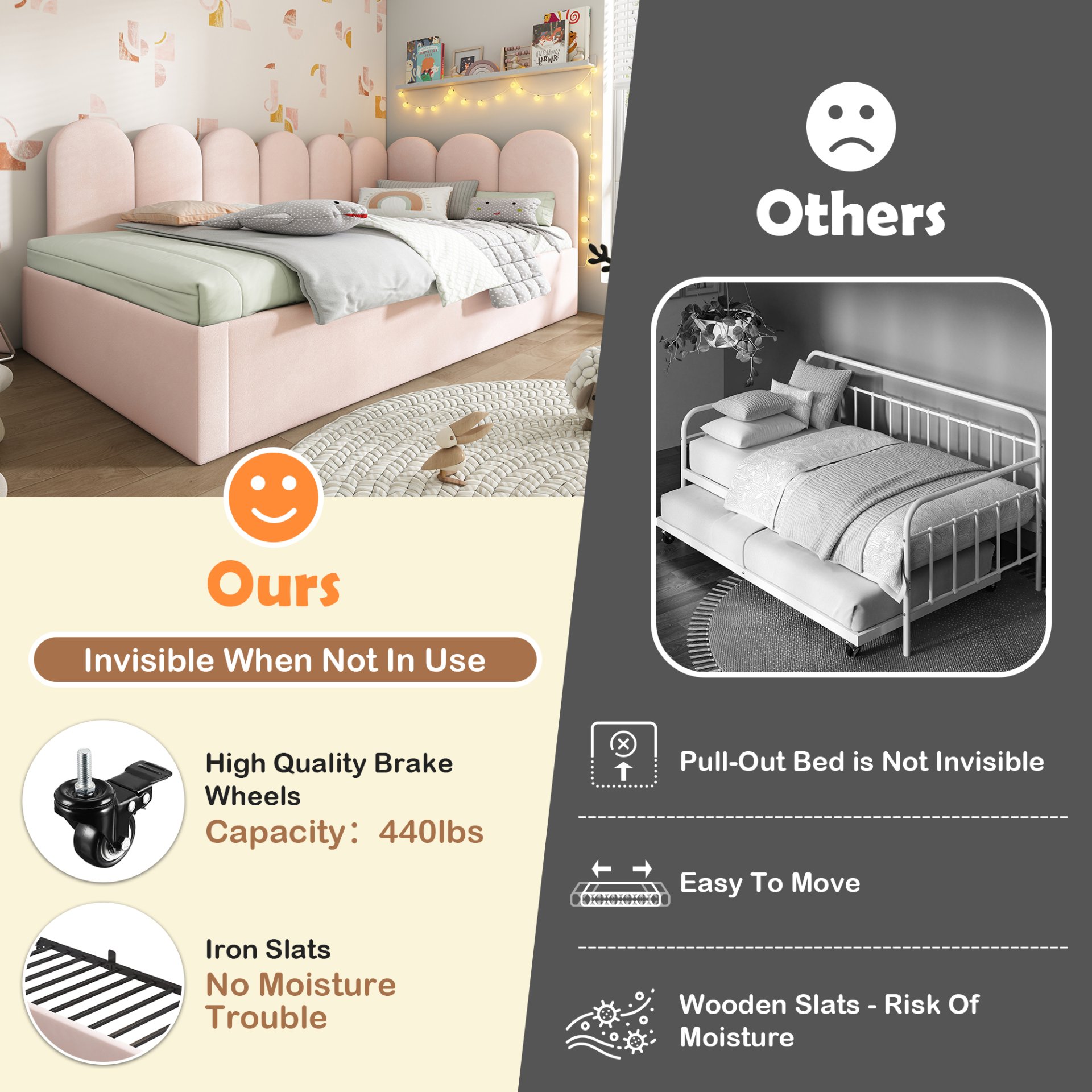 Twin Size Sofa L-Shaped Daybed With Pull Out Twin Bed - Pink - Image 5