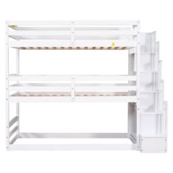 Twin Size Triple Bunk Bed With Storage Staircase, Separate Design - White