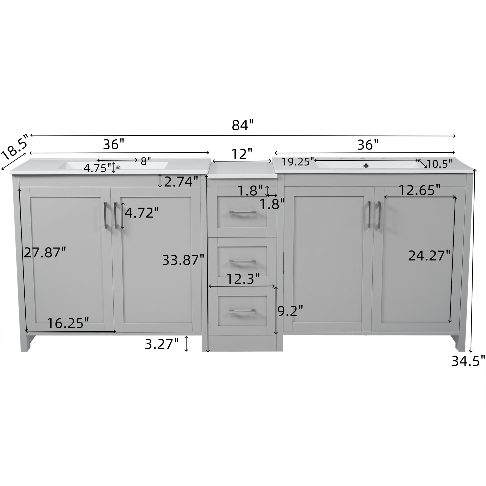 Double Sink Bathroom Vanity With Quartz Countertop, Adjustable Shelves, 3 Drawers - Gray - Image 3