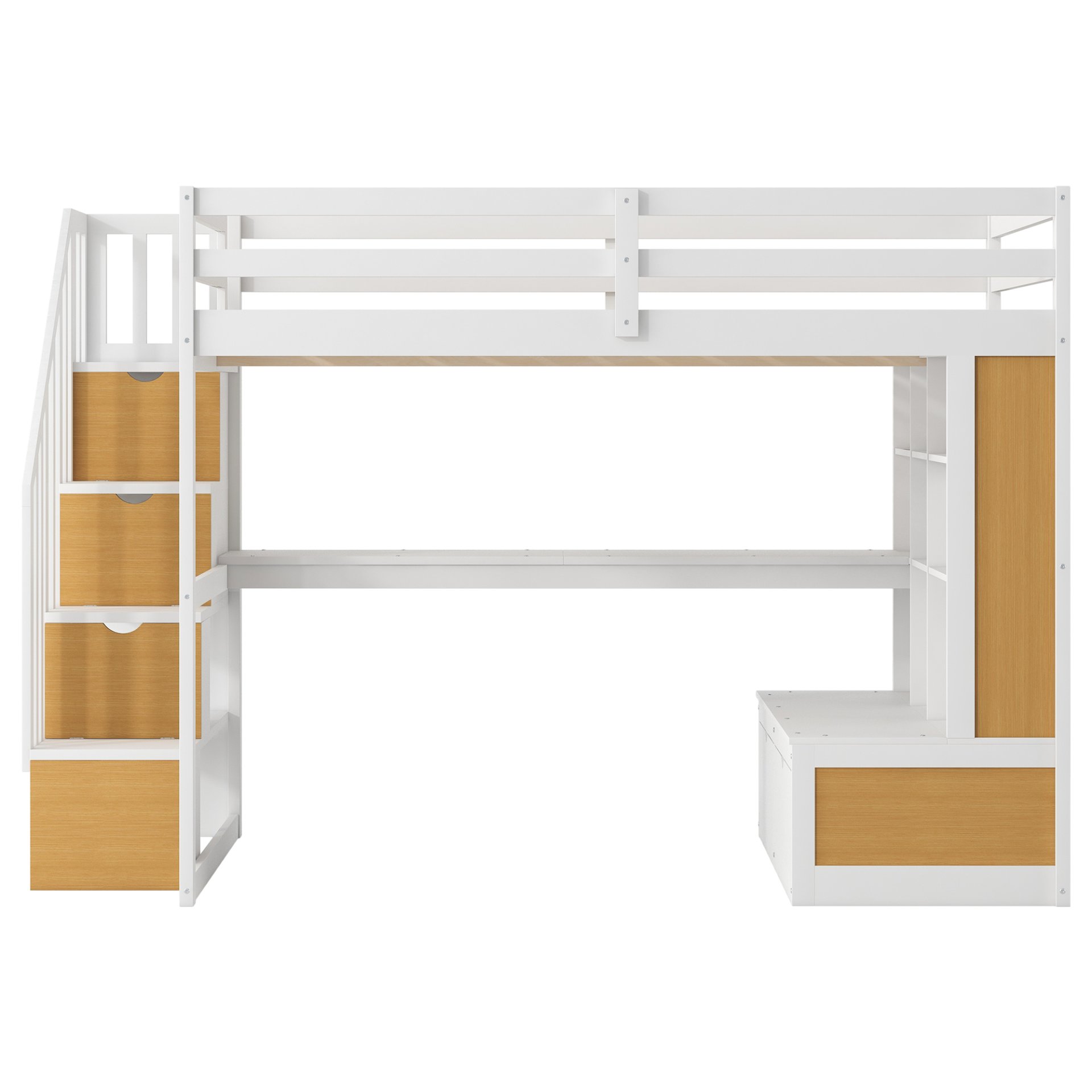 Full Size Loft Bed With Desk And Shelves, 2 Built In Drawers, Storage Staircase - Natural / White - Image 12