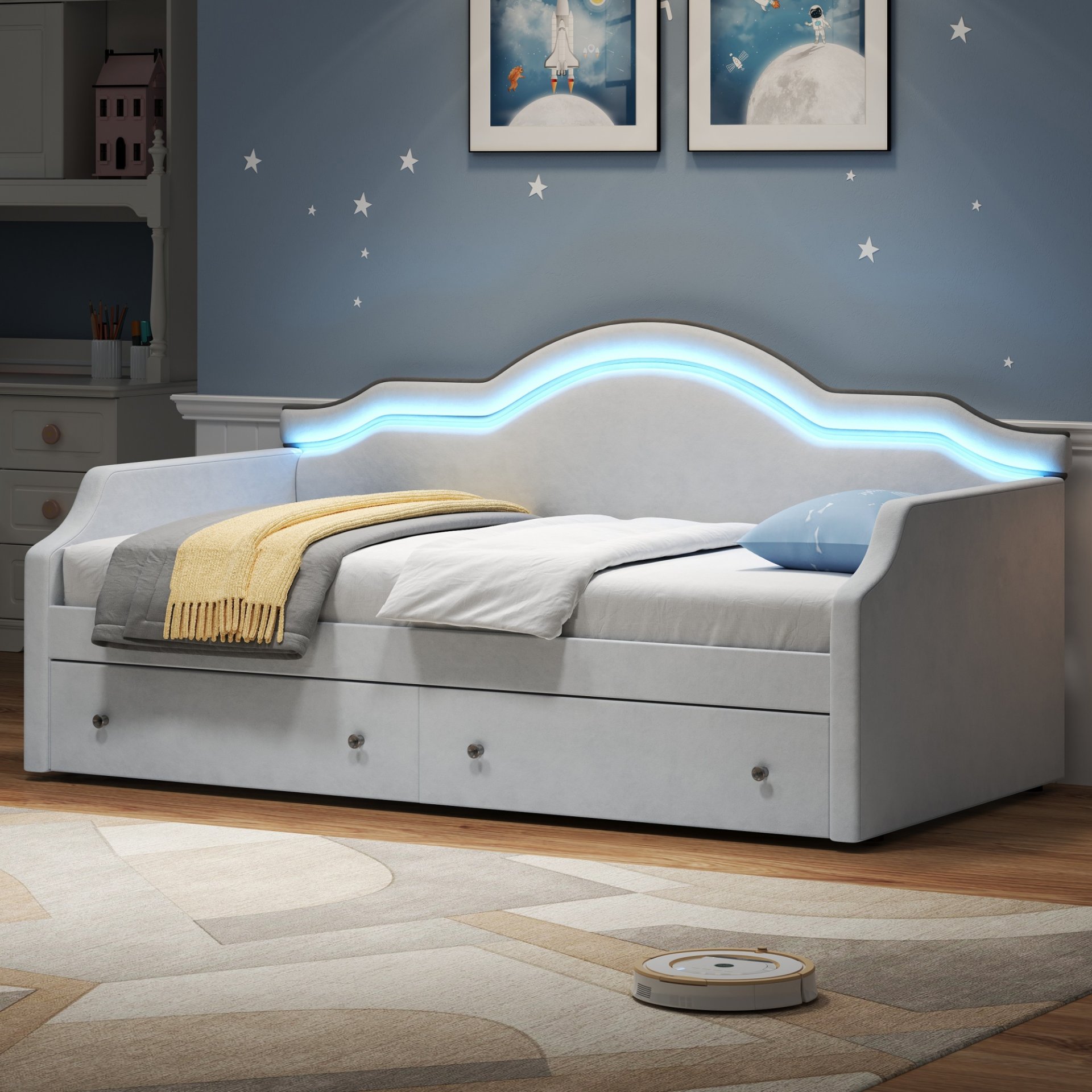 Twin Size Upholstered Daybed With LED Lights And 2 Drawers - Beige - Image 4