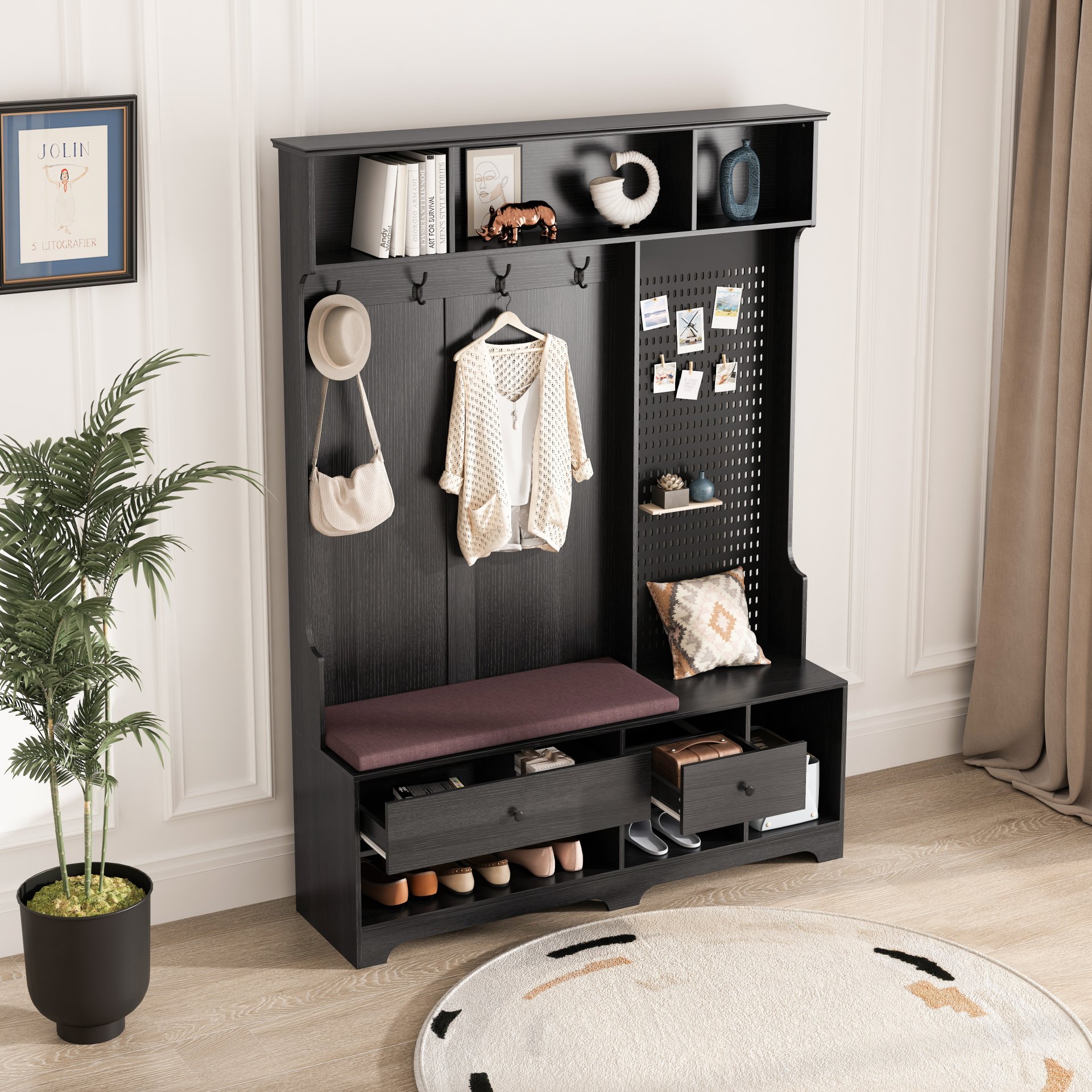 Hallway Hall Tree With Removable Cushion Bench, Coat Rack, Storage Shelves - Black - Image 4