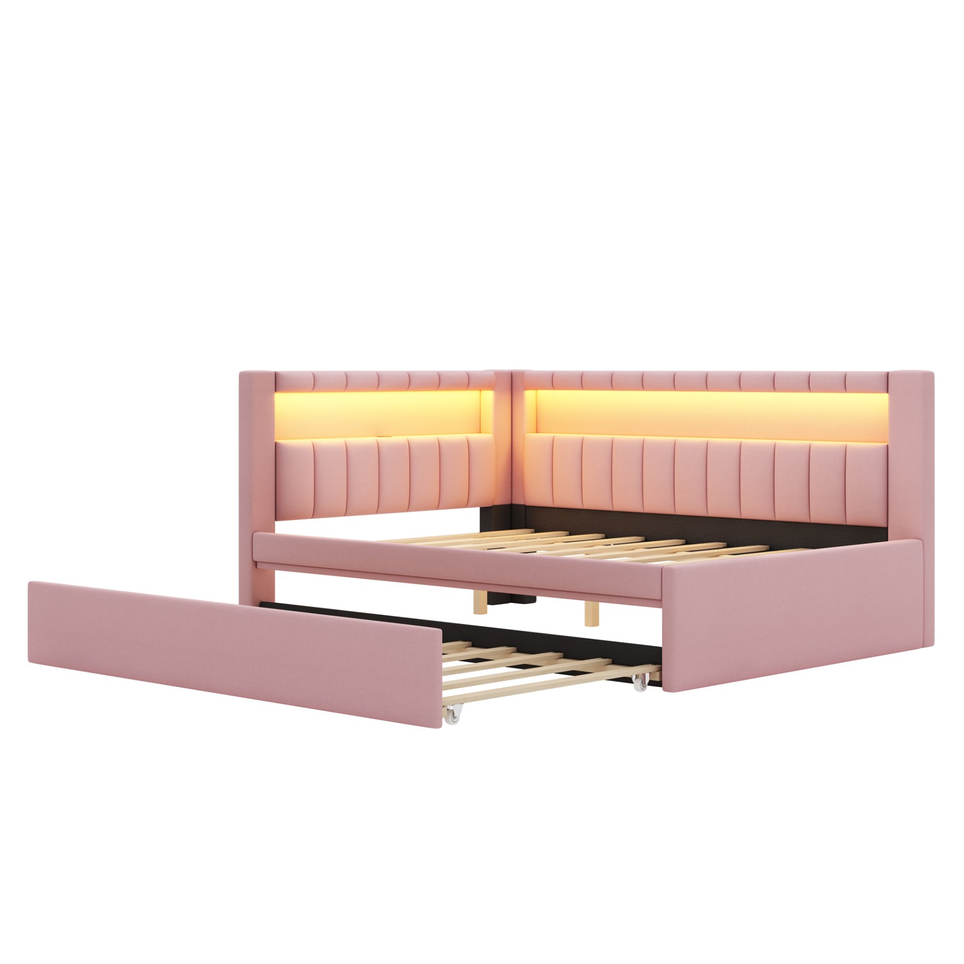 Full Size Upholstered Platform Bed With USB Ports, LED Belt And Trundle - Pink - Image 7