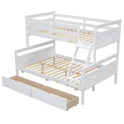 Twin Over Full Bunk Bed With Ladder, 2 Storage Drawers, Safety Guardrail - White